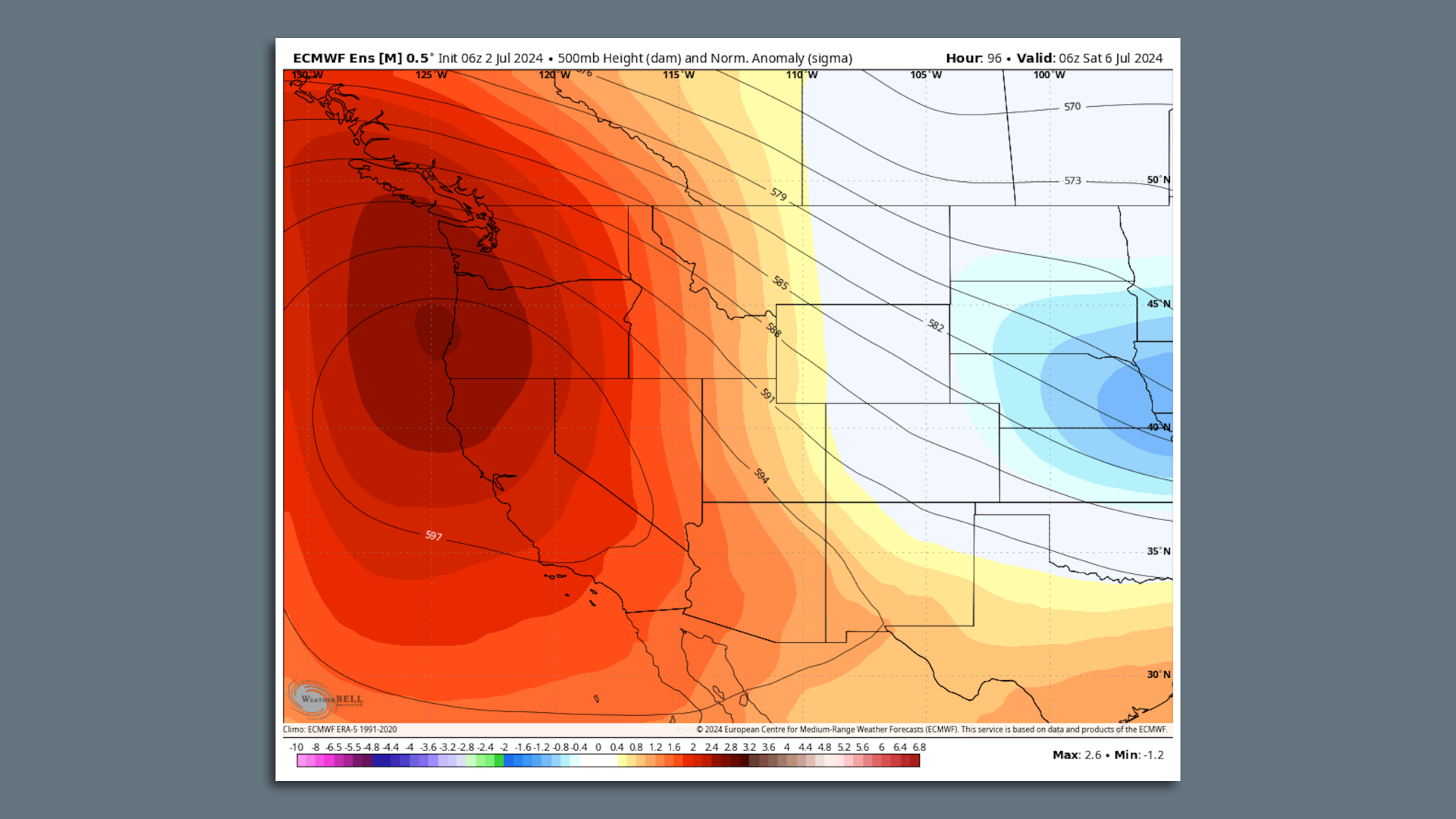 Computer model projection showing a powerful heat dome across the West Coast on July 6.