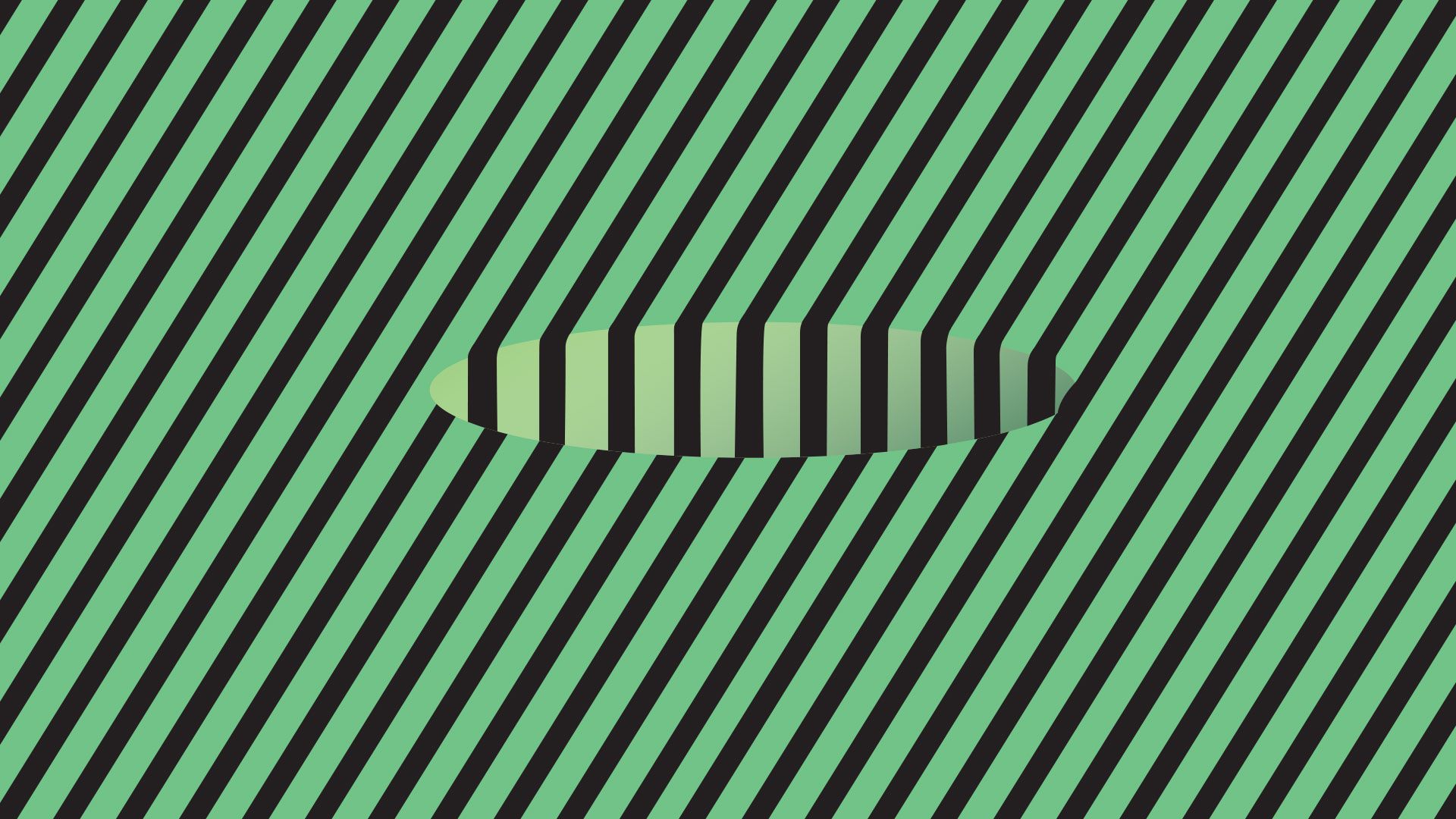 Optical illusion of hole with green and black striped lines going across.