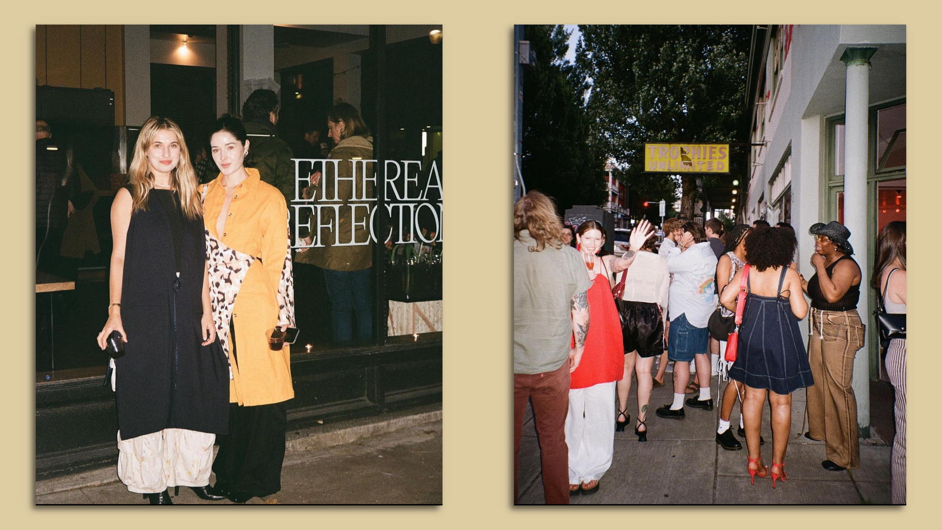 Two photos, one showing two people standing and smile toward the camera. The second photo shows people gathering outside a business on a sidewalk.