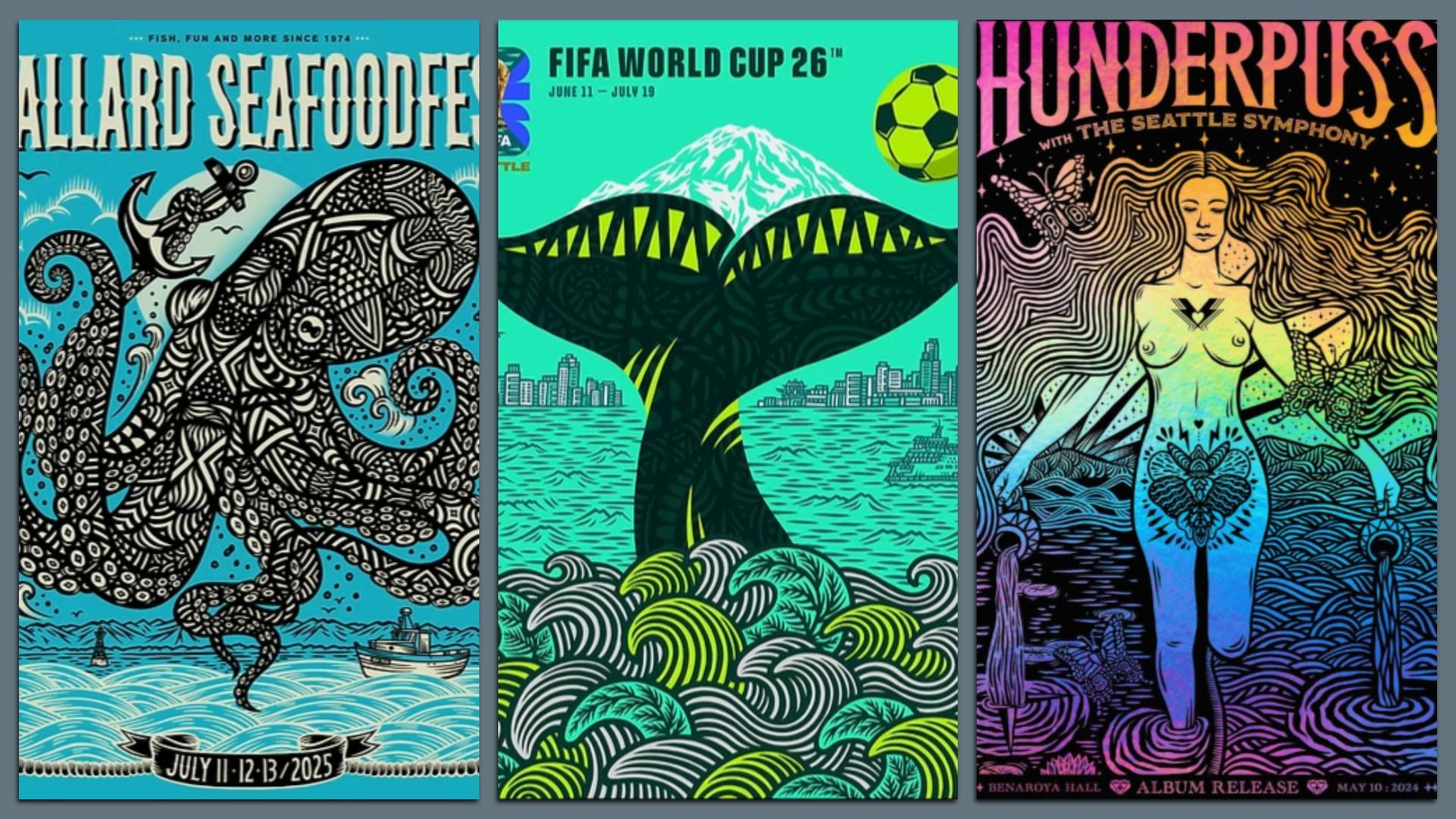 Three posters in vivid colors by artist Shogo Ota. 