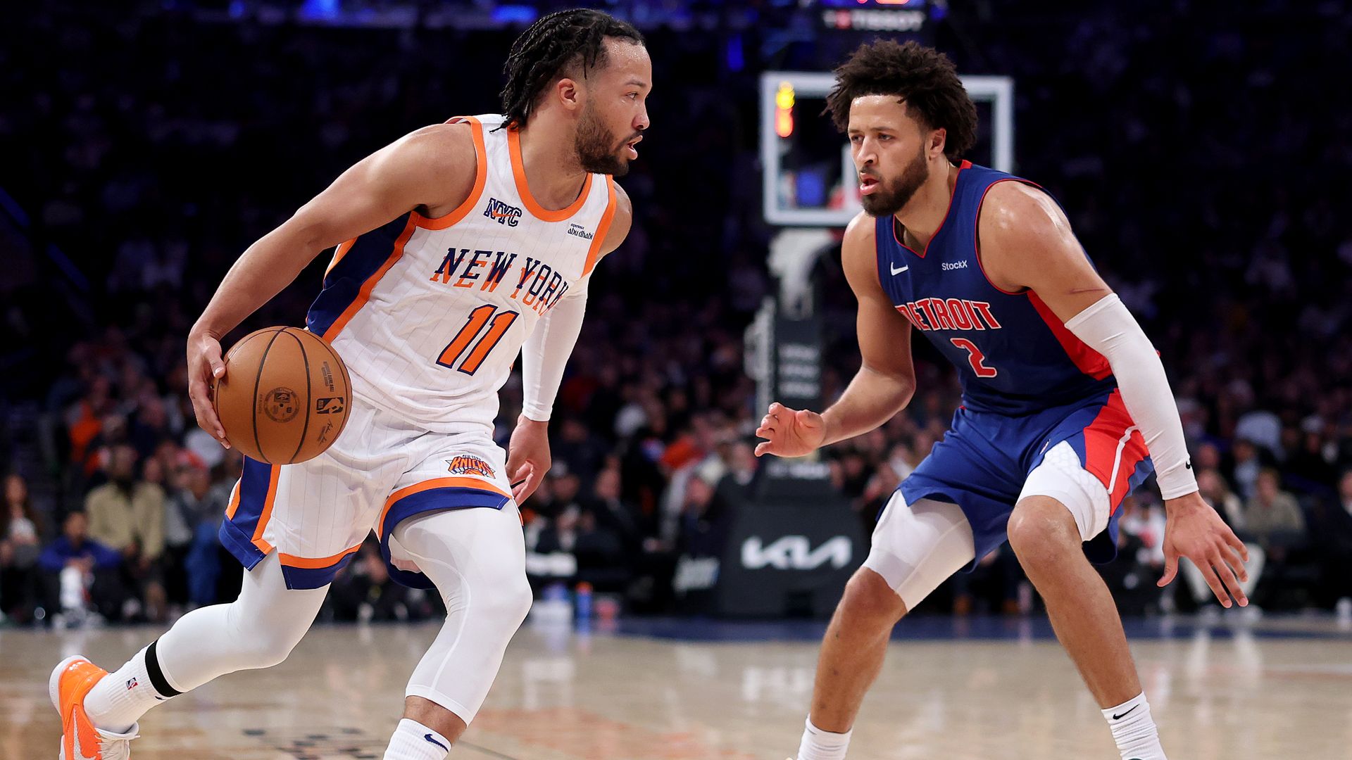 Jalen Brunson, left, vs. Cade Cunningham at Madison Square Garden in December. 