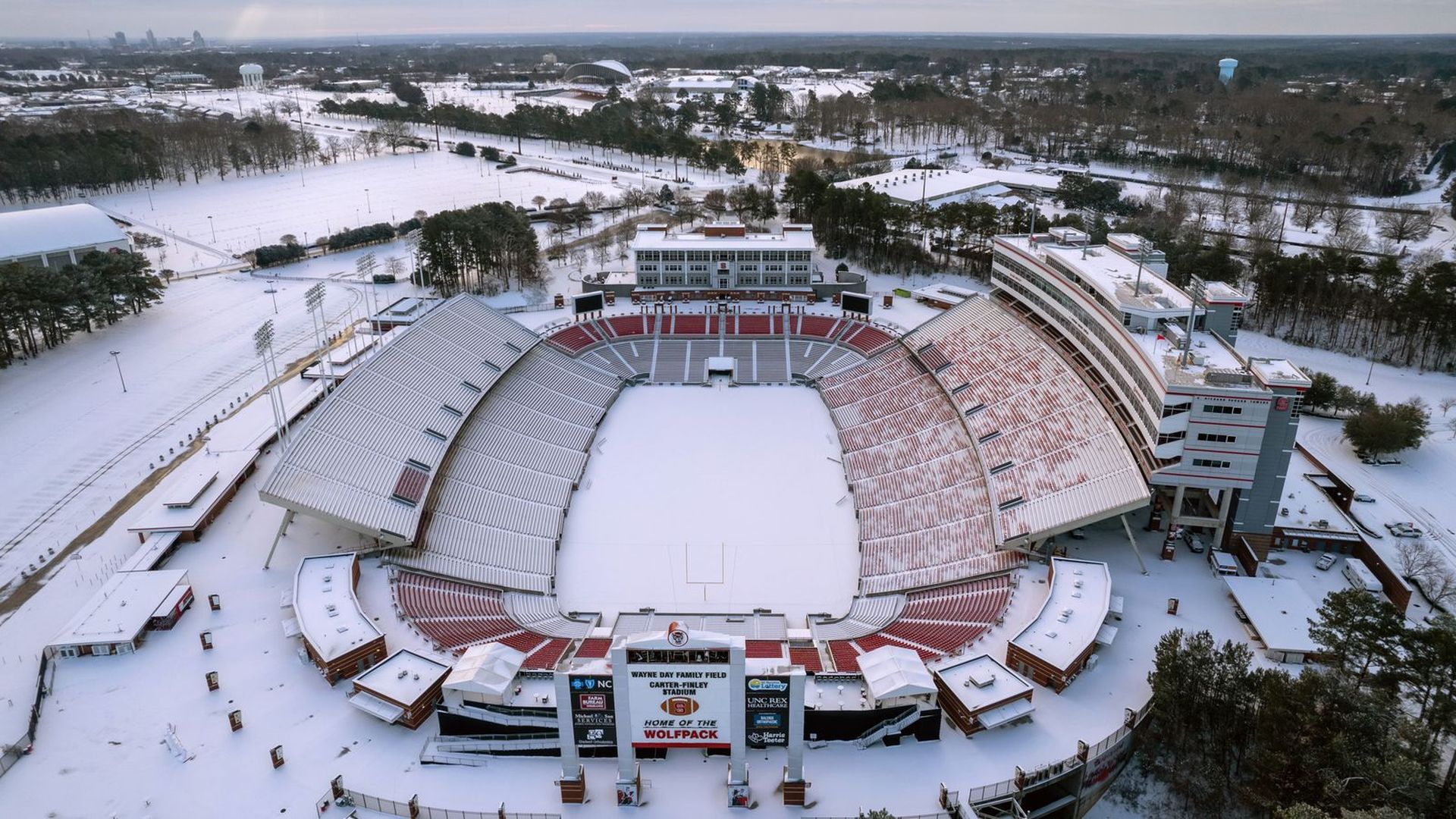 snowy football stadium