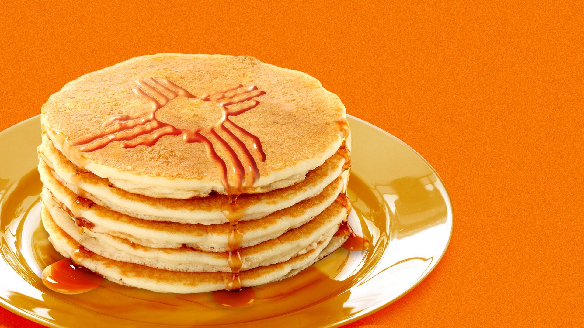Illustration of a stack of pancakes with maple syrup drizzled on top in the shape of the Zia sun symbol from the New Mexico state flag 