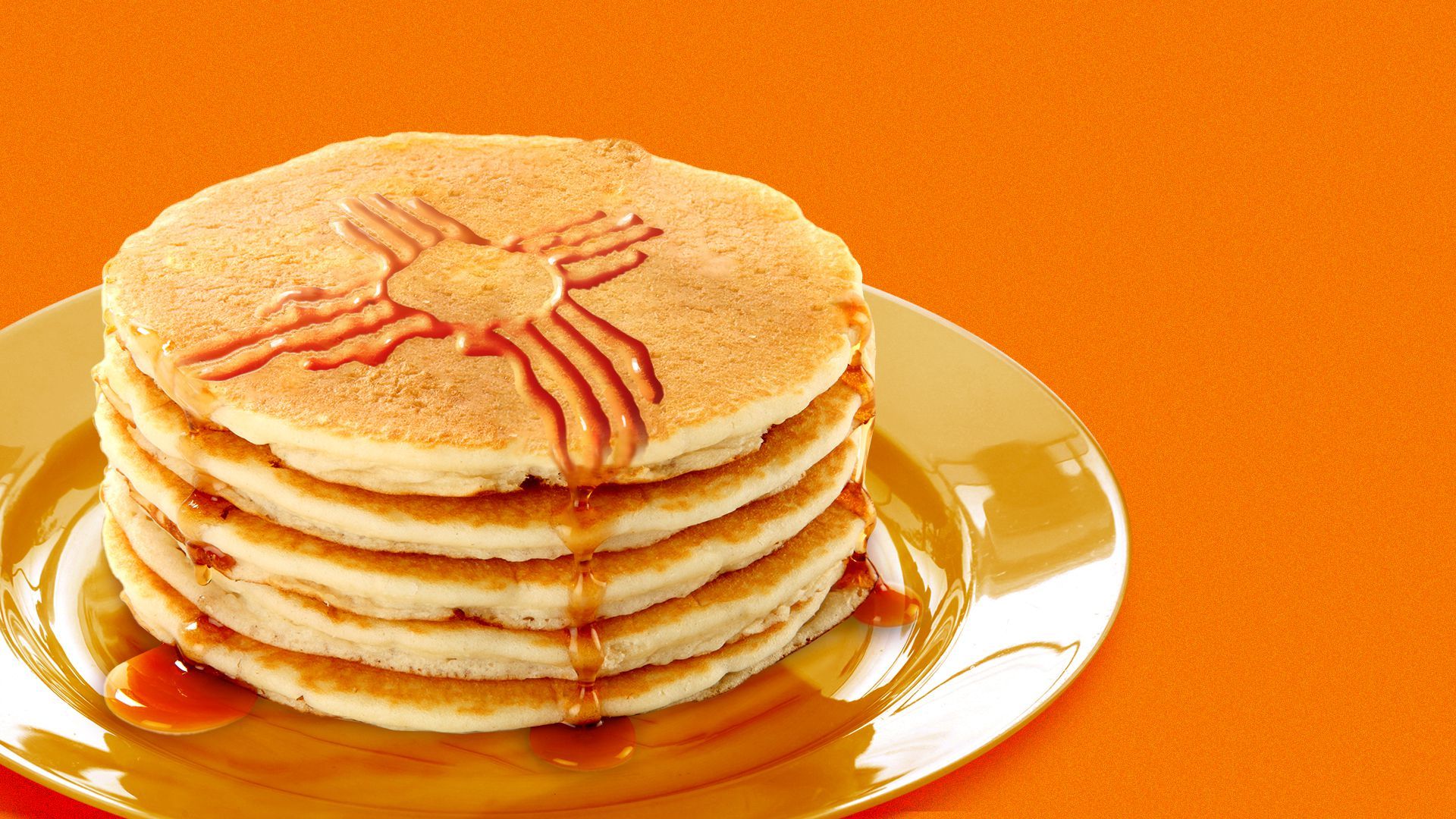 Illustration of a stack of pancakes with maple syrup drizzled on top in the shape of the Zia sun symbol from the New Mexico state flag