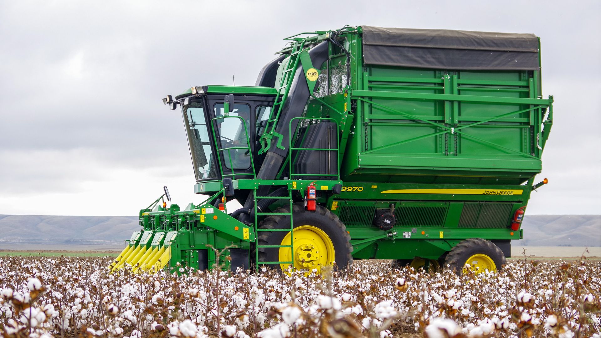 A John Deere cotton harvester