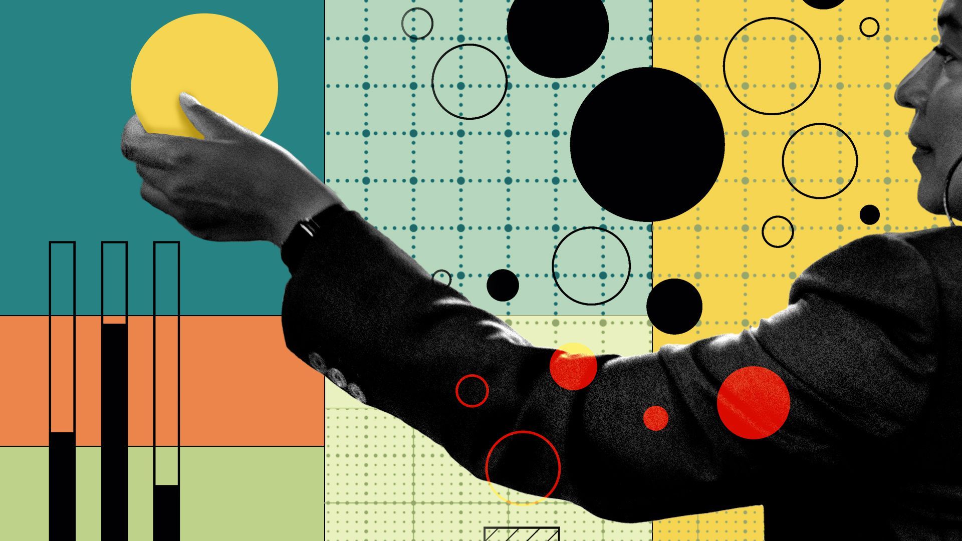 Illustration of a Black female business owner with abstract charts.