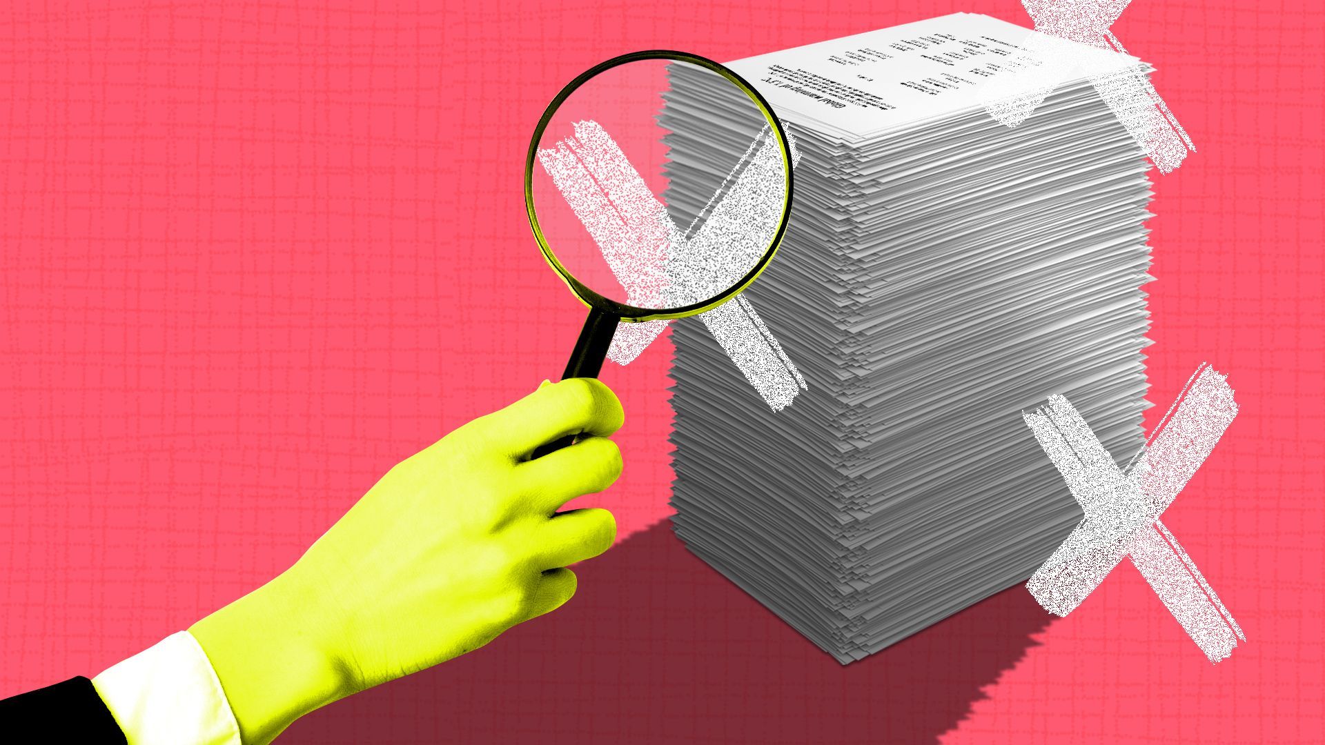 Illustration of a hand holding a magnifying glass over a stack of papers.
