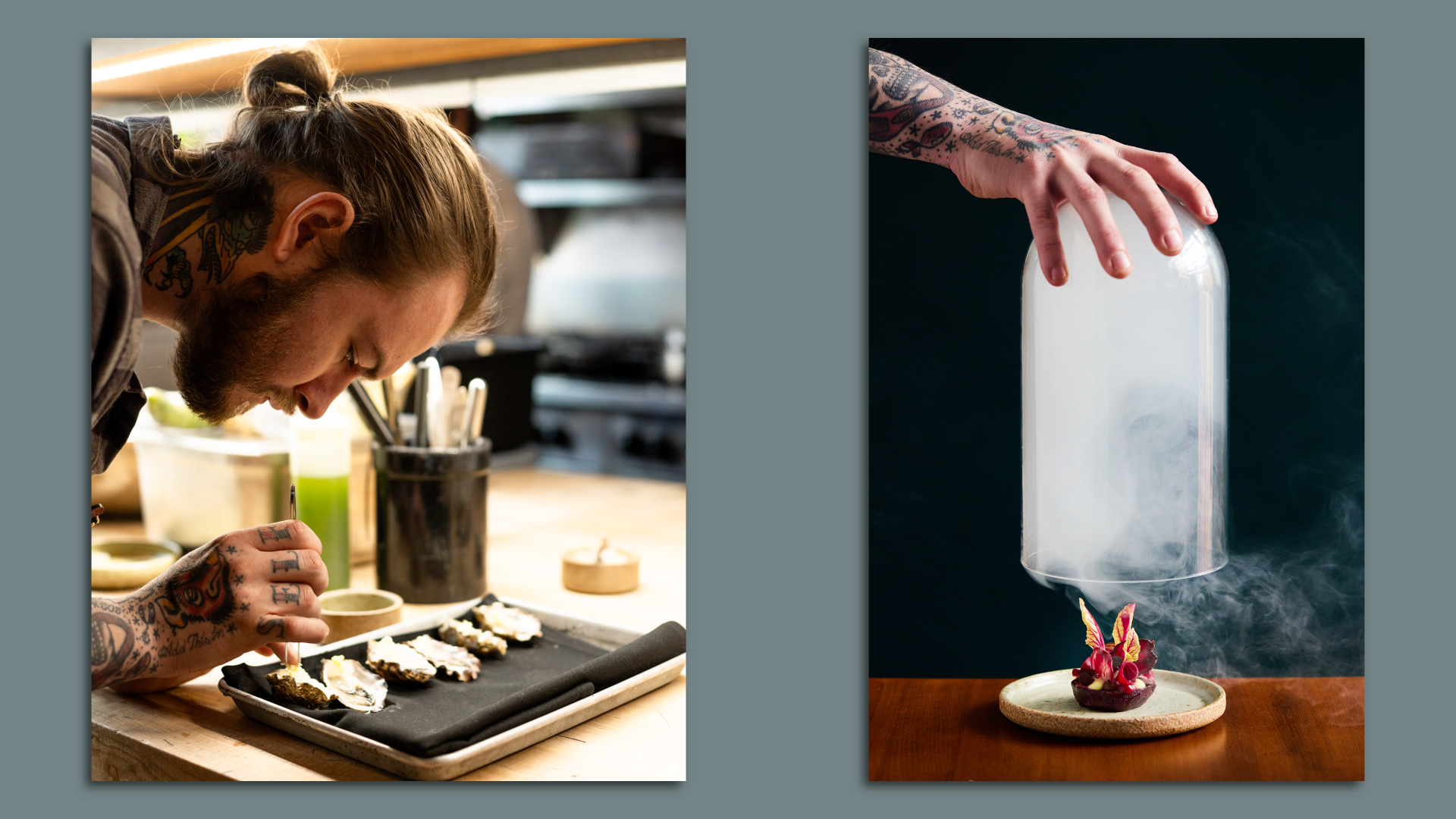 Two photos, the first of a person putting a garnish on an oyster and the second of a pillar full of smoke revealing a plated dish.