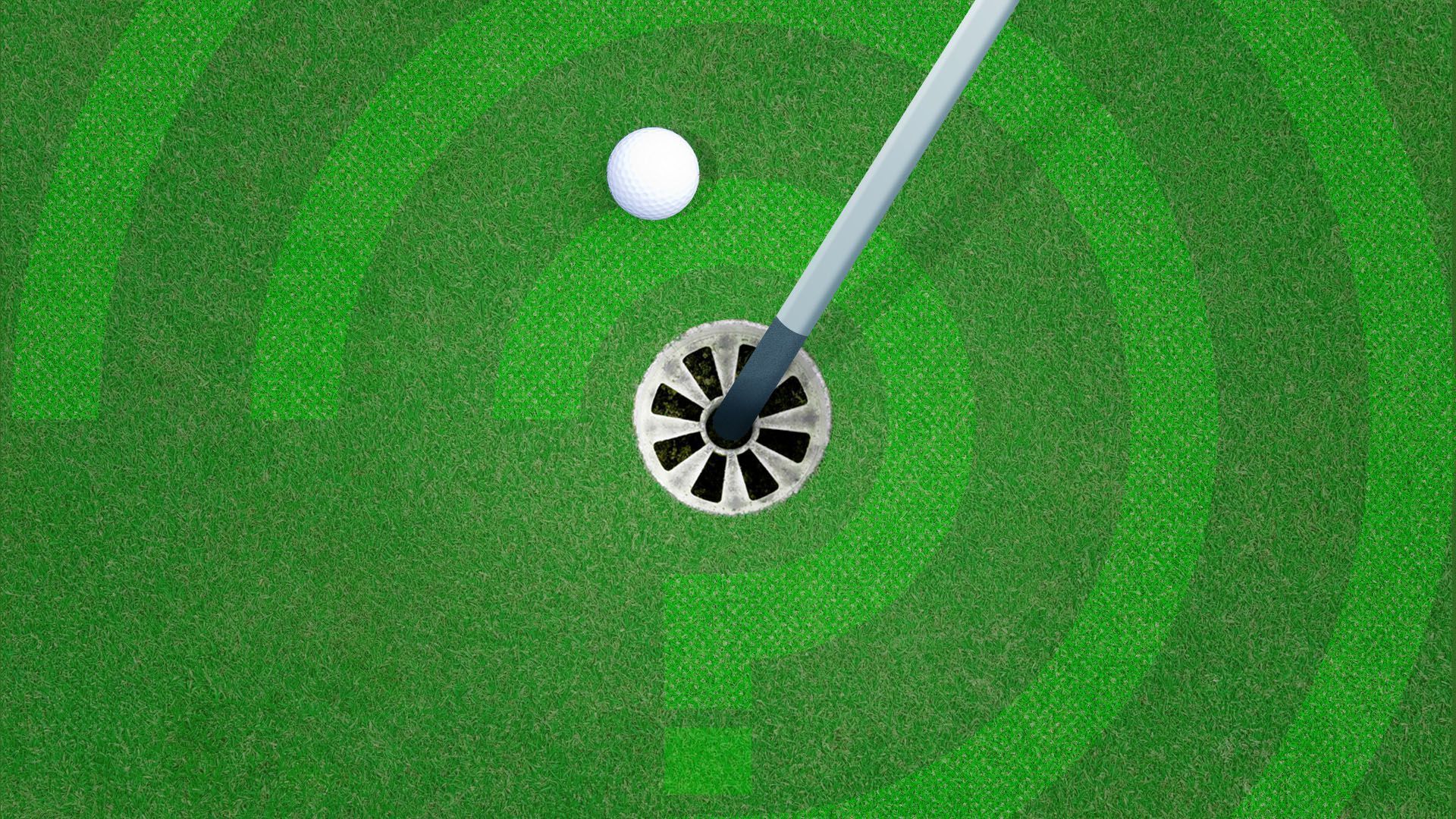 An illustration of a golf hole with a question drawn into the green