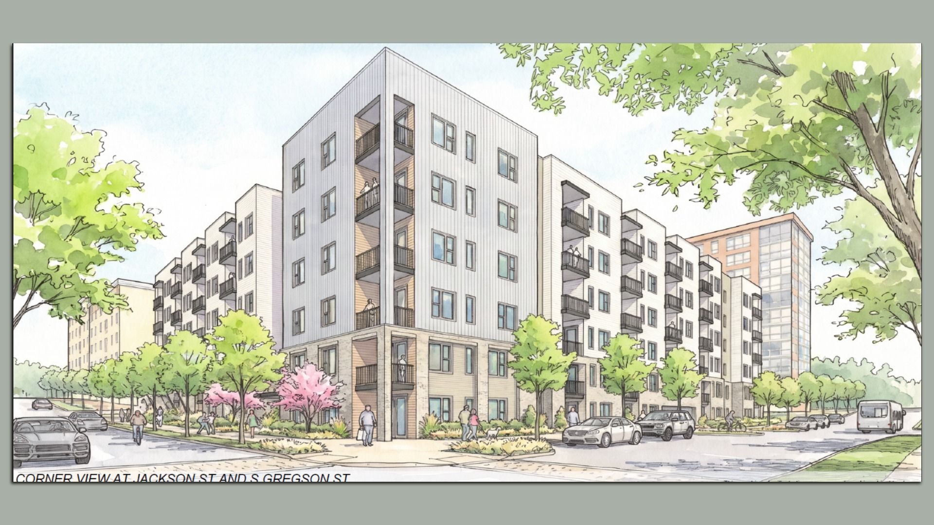 Watercolor-style rendering of a modern, multi-story apartment building with balconies, at a tree-lined street corner with cars and pedestrians.
