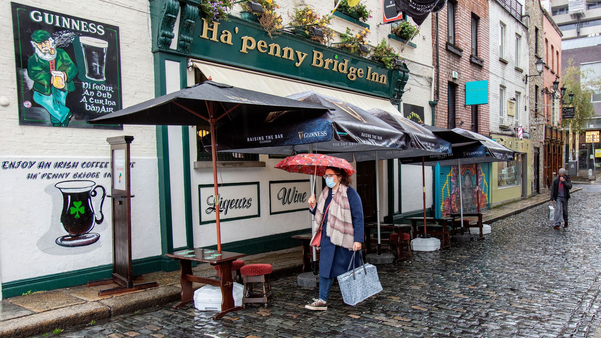  pedestrian wearing a face mask or covering due to the COVID-19 pandemic, walks past a pub in Dublin on October 19,