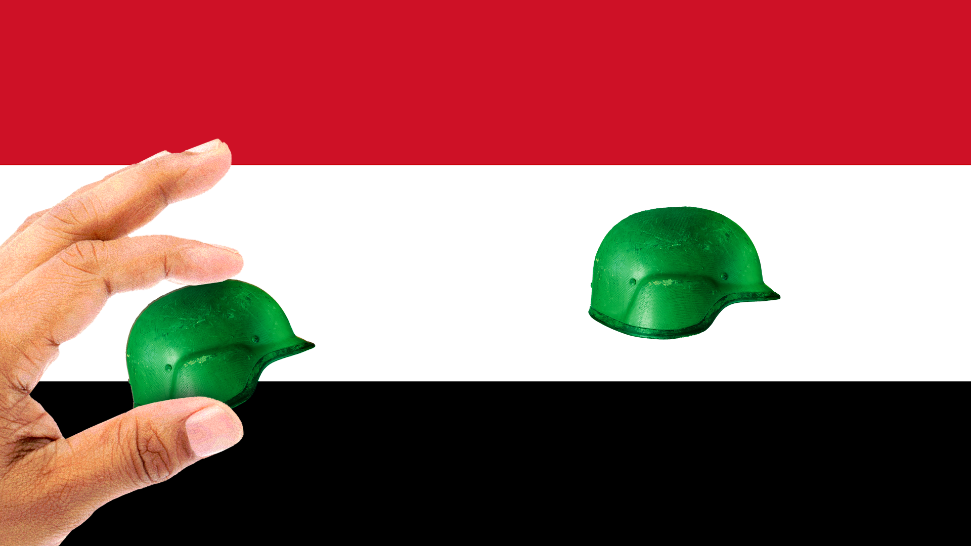 a hand removing a green army helmet from the middle of the Syrian flag