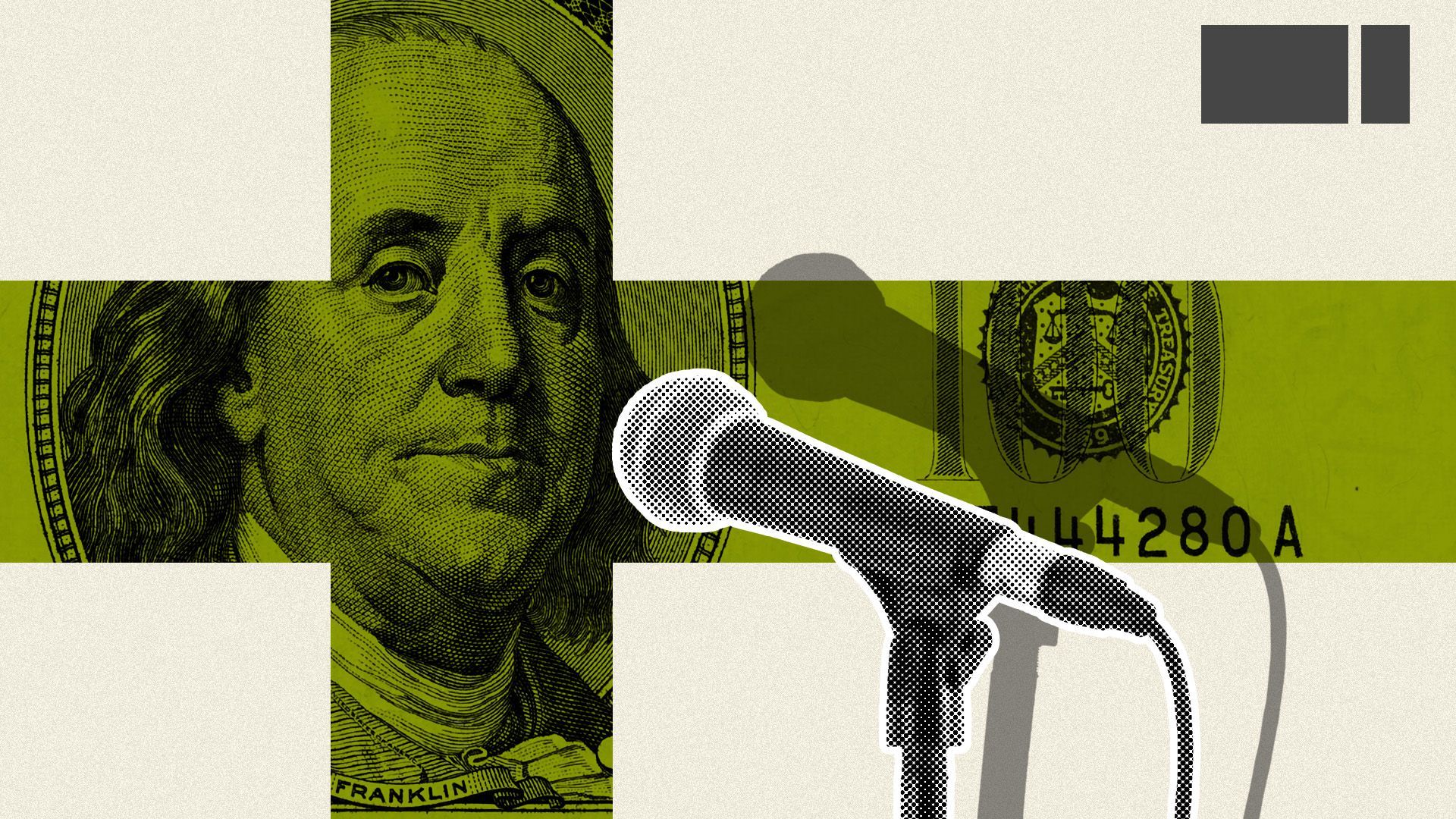 Illustration of a hundred dollar bill in the shape of the Finish flag with a microphone