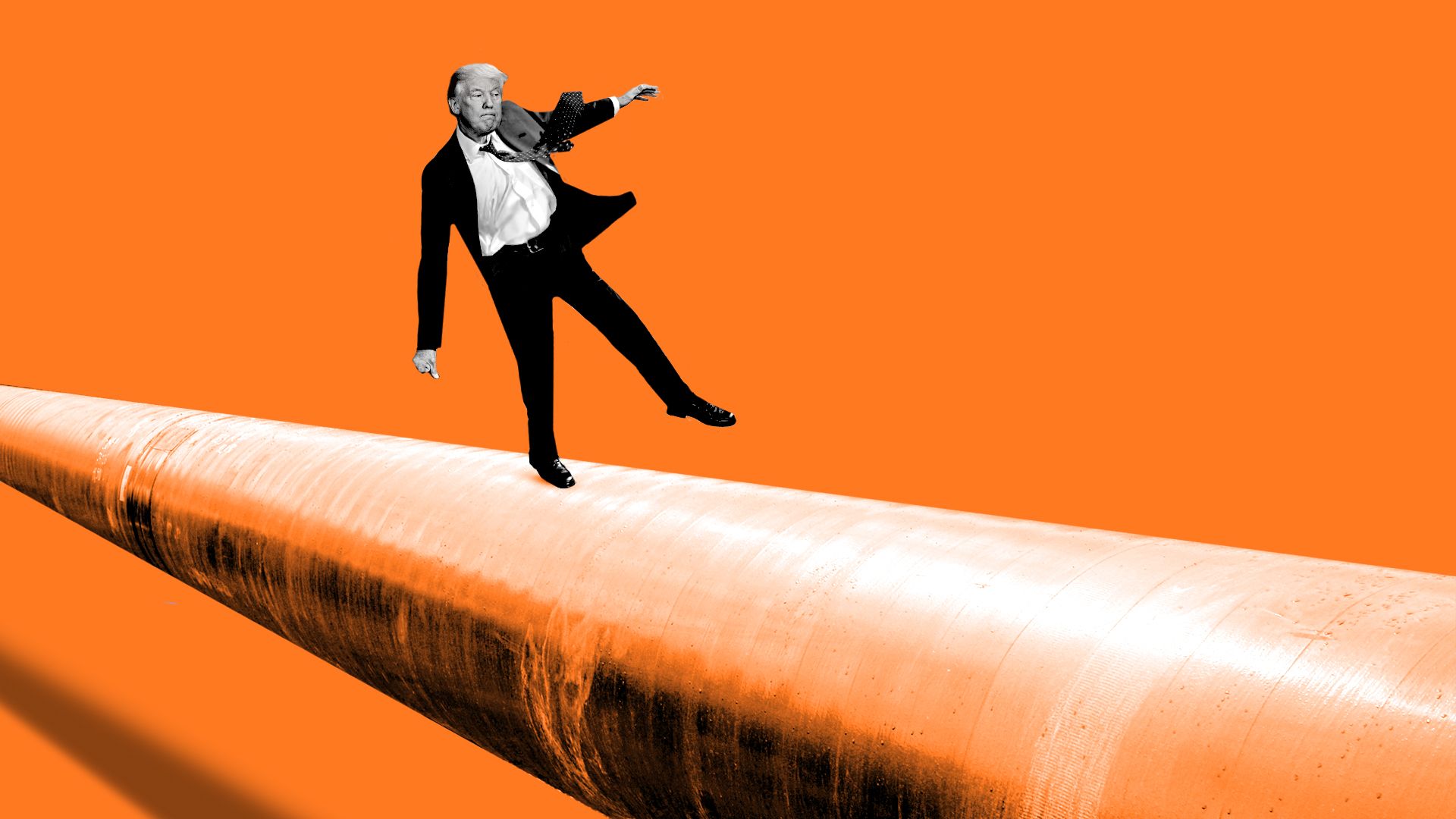 In this illustration, Trump's face is superimposed on a suited man walking a natural gas pipeline like it is a tightrope.