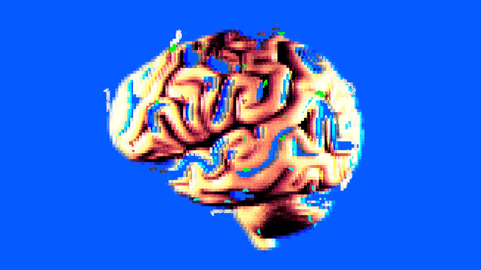 A pixelated illustration of a brain vibrates in place and is blurry