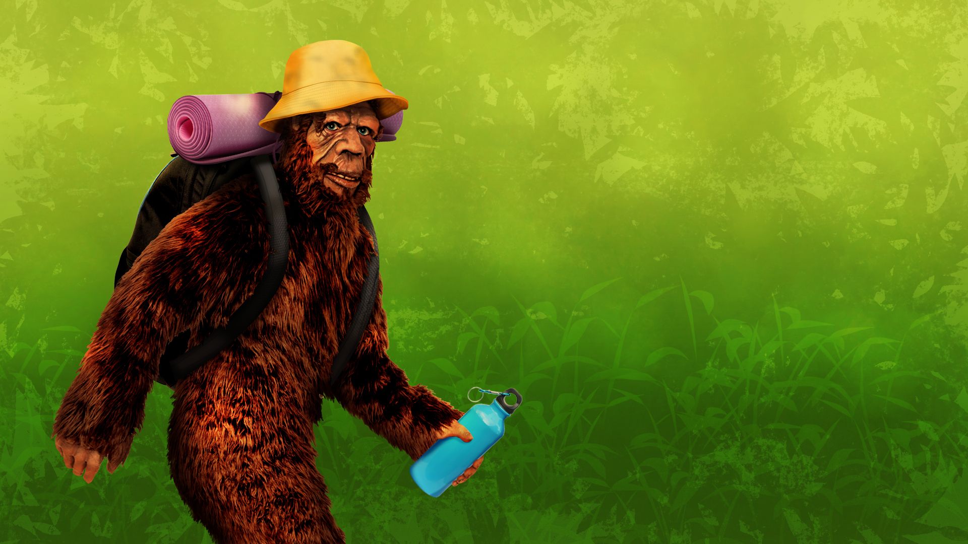 Illustration of a Sasquatch wearing a backpack, a bucket hat, an exercise mat, and holding a water bottle