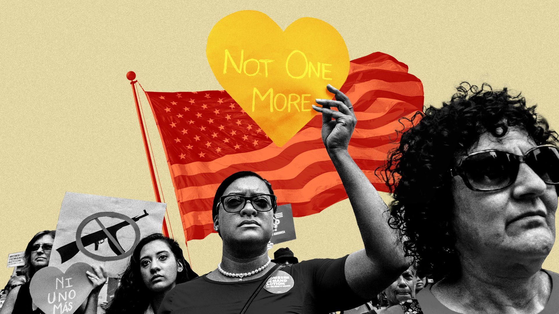 Photo illustration of a gun violence rally with an American flag in the background
