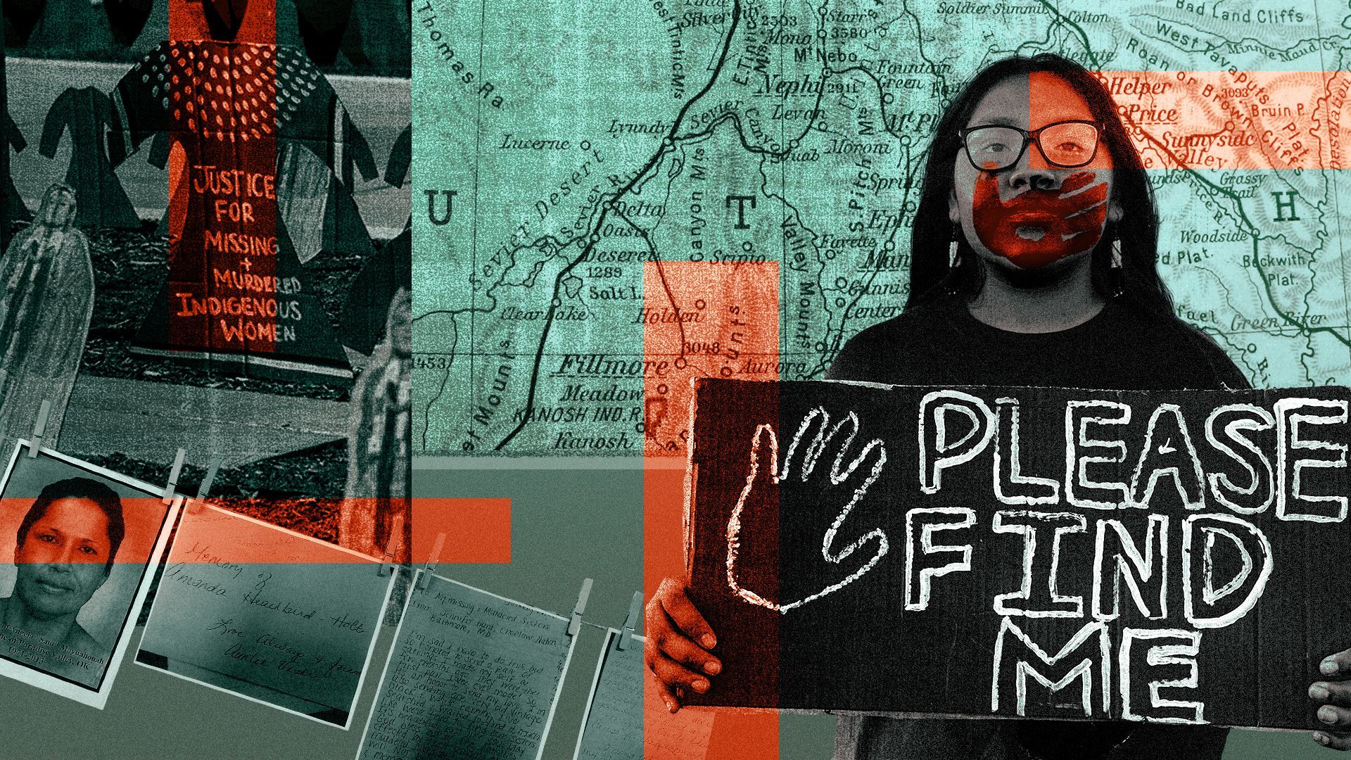 Illustration of an Indigenous woman holding a "Please Find Me" sign with a map of Utah, protest signs, and missing people photos in the background.