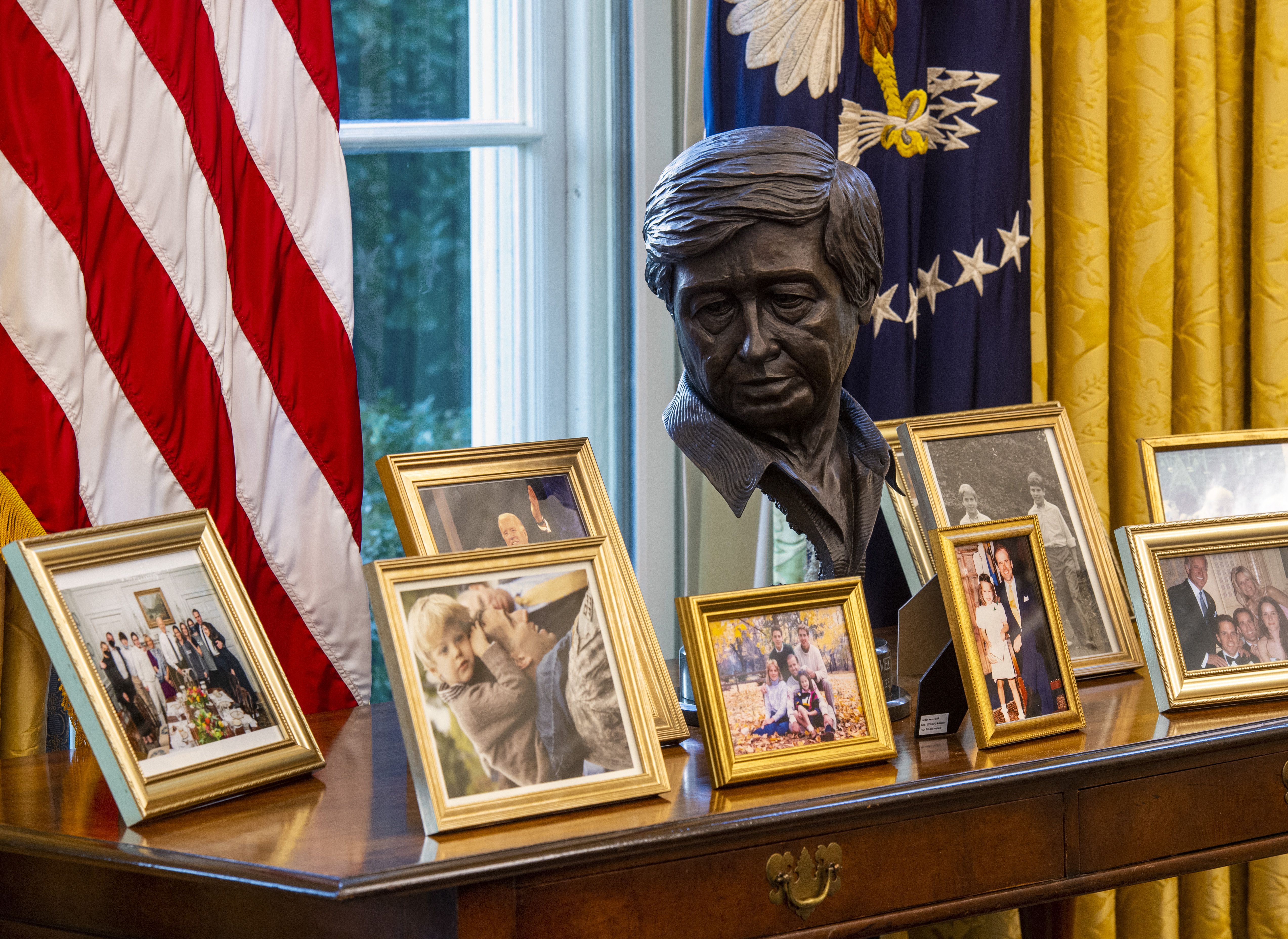 A bust of Cesar Chavez in Biden's Oval Office.
