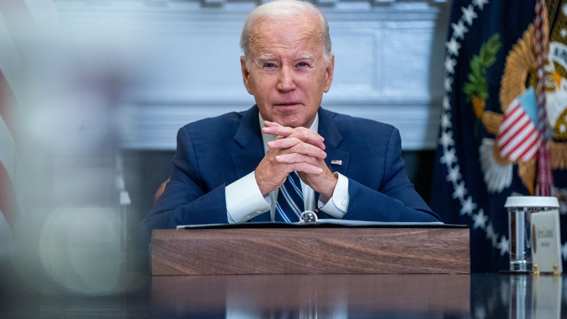 Joe Biden during a meeting to accelerate efforts to counter the flow of fentanyl into the United States in the Roosevelt Room of the White House