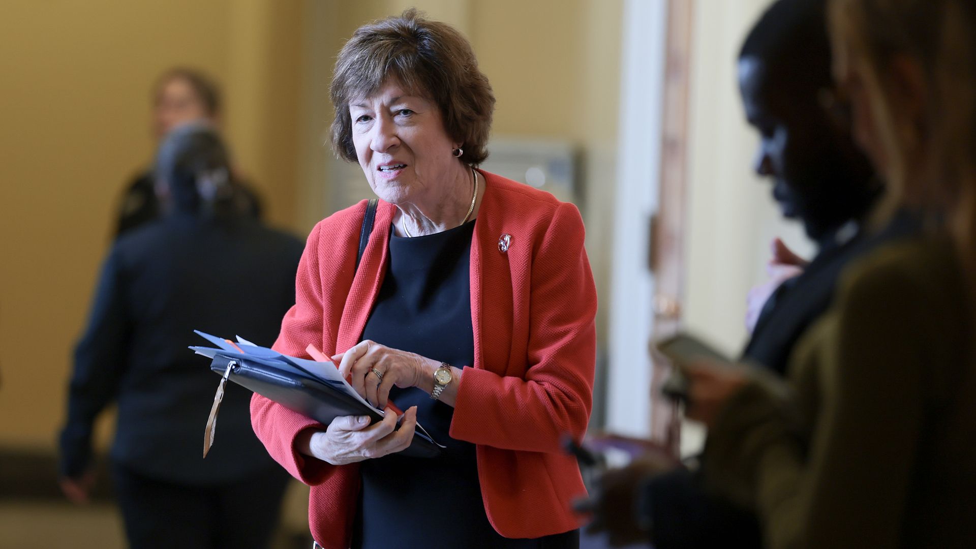 Susan Collins (R-ME) departs from a Senate Republican policy luncheon at the U.S. Capitol on August 04, 2026 in Washington, DC.