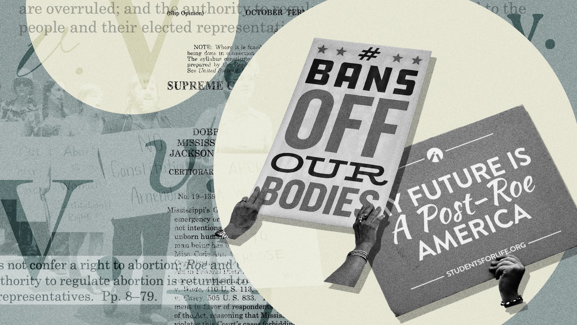 Photo illustration collage of historical and modern images from pro- and anti-abortion protests, surrounded by shapes.