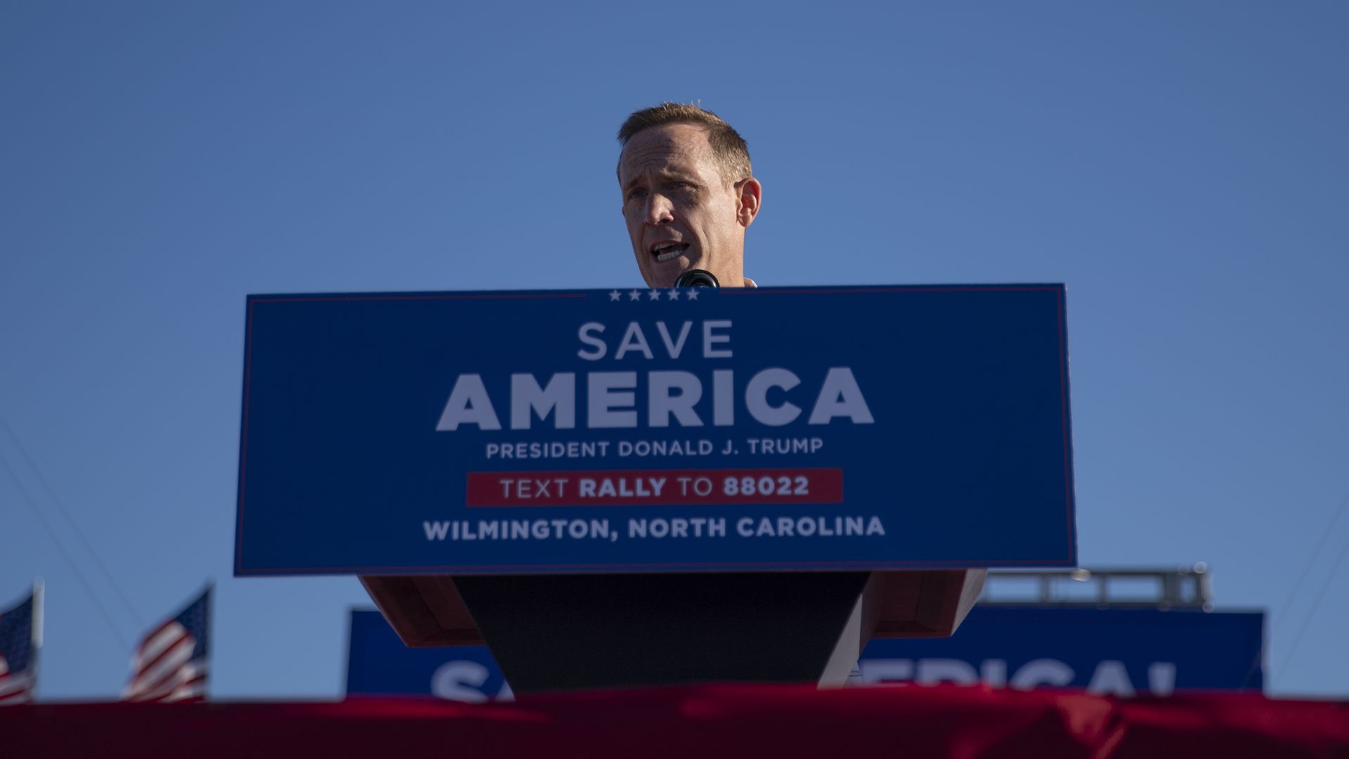 Representative Ted Budd speaks during a Save America rally