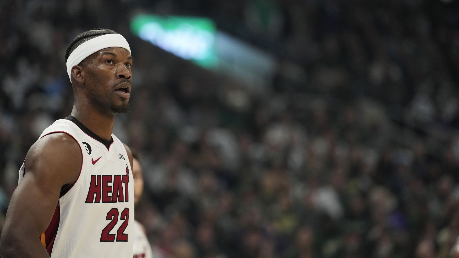 Miami Heat player Jimmy Butler looks defeated as Miami was down big against the Bucks in Game 2 of their first round playoff series.