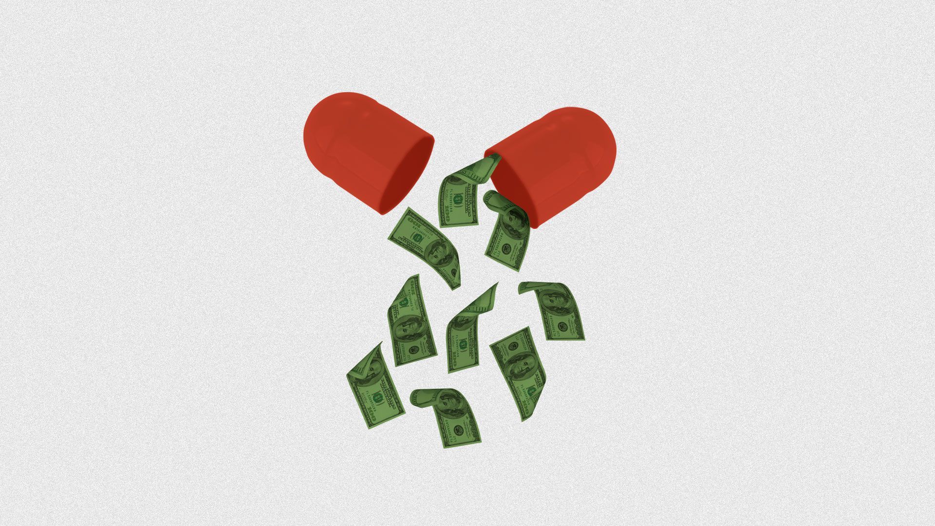 Pill breaking open spilling $100 bills.