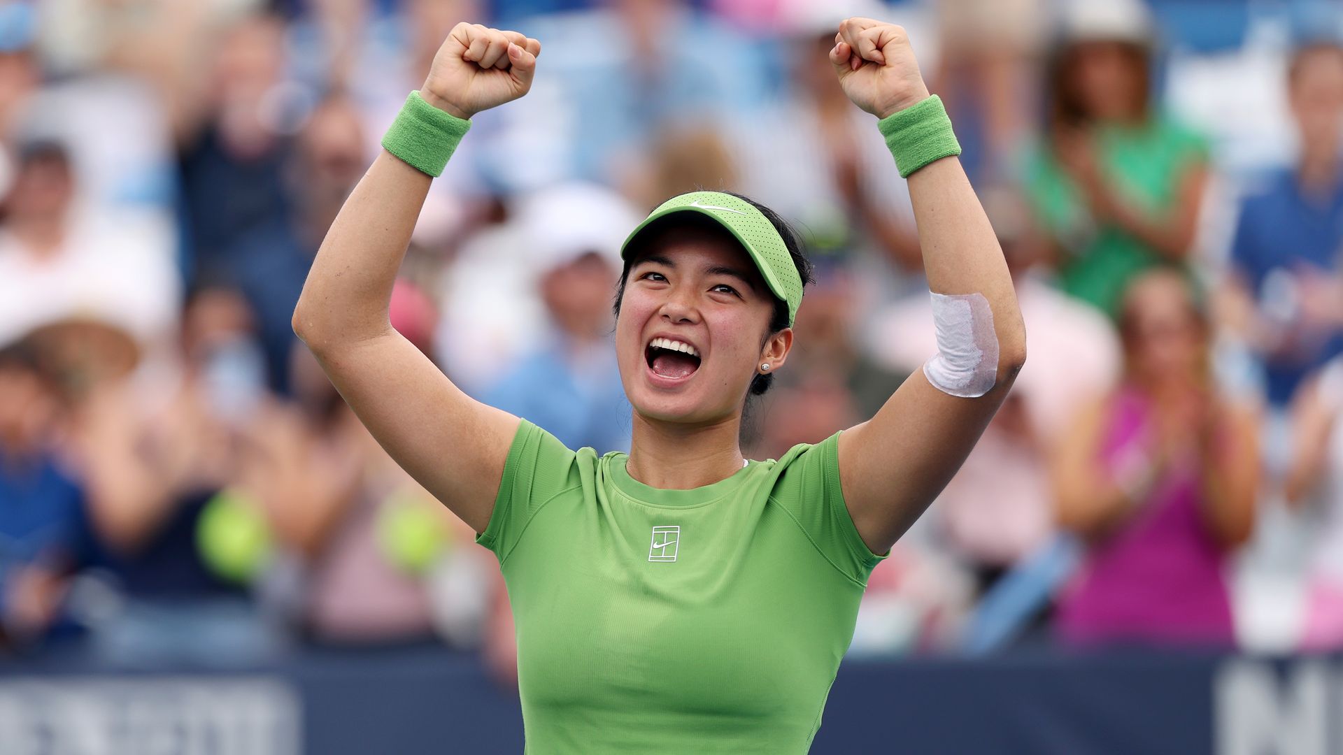 Alexandra Eala of the Philippines celebrates after winning a women's singles match against Naomi Osaka of Japan on day six of the Mubadala DC Open 2026