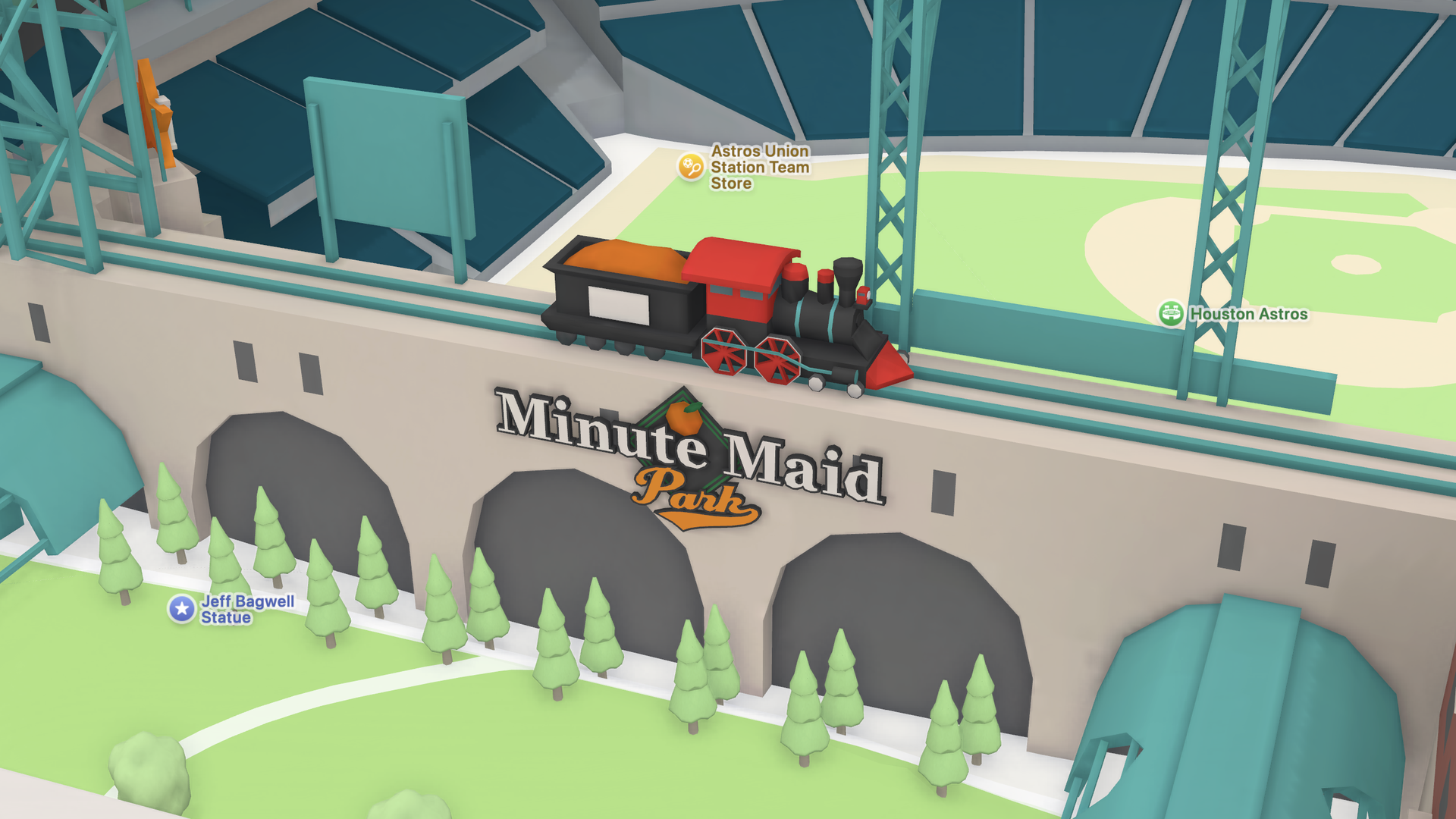 A 3D rendering of Daikin Park in Houston, which shows signs for the former namesake Minute Maid Park