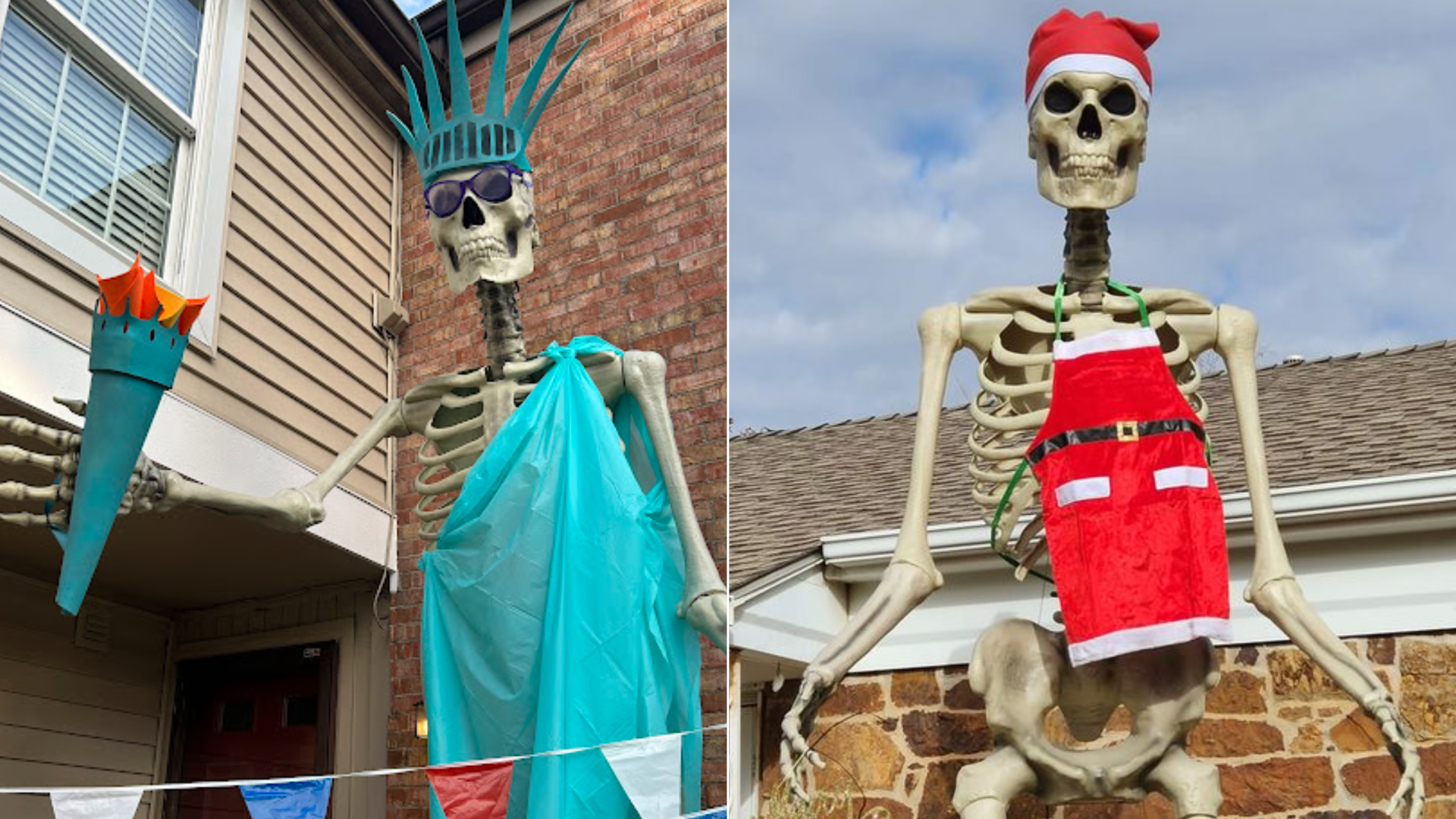  A growing number of skeleton owners are keeping the decorations up year-round with seasonal wardrobe changes. Photos: Courtesy of Katie Shealy (left) and Samantha Reynolds (right)