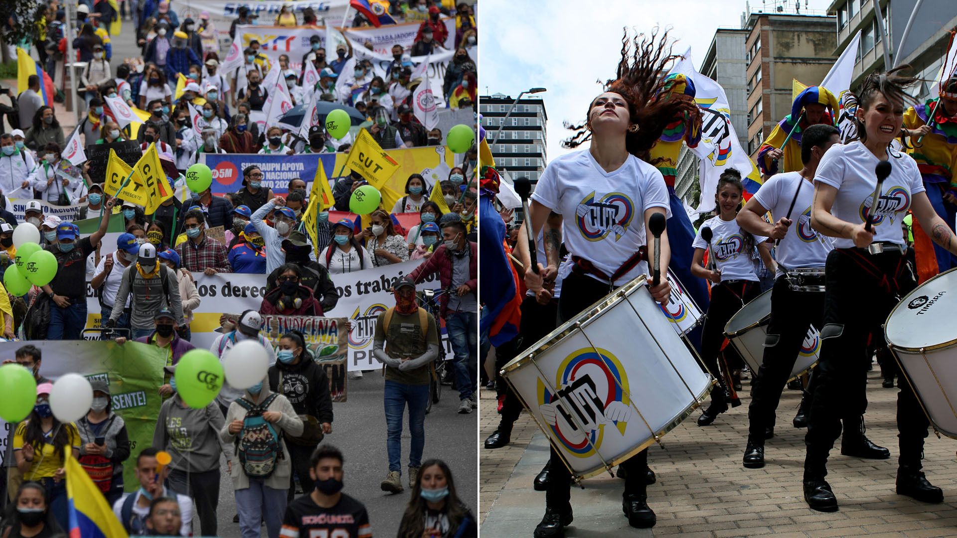 A split screen with colorful protesters  on the left and a woman drumming on the right.
