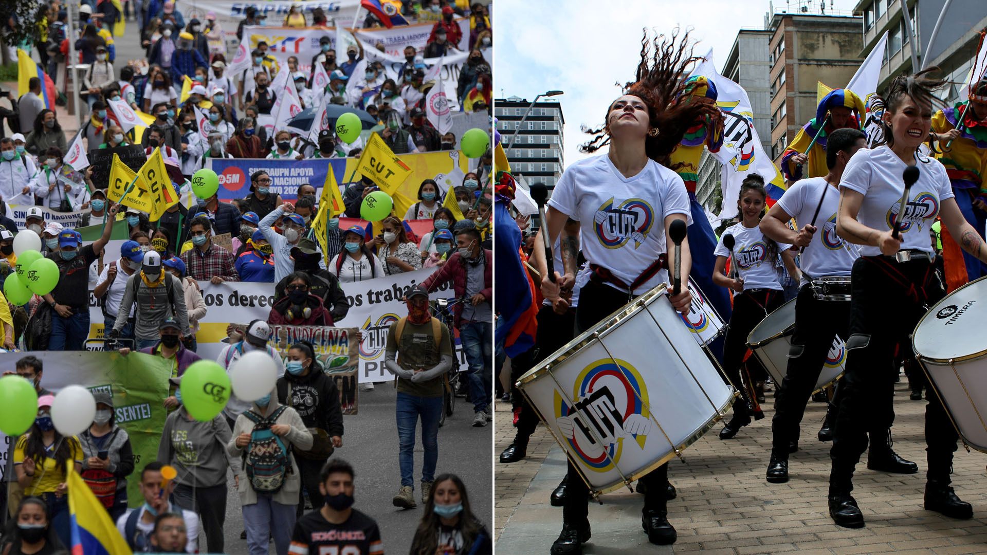 A split screen with colorful protesters on the left and a woman drumming on the right.