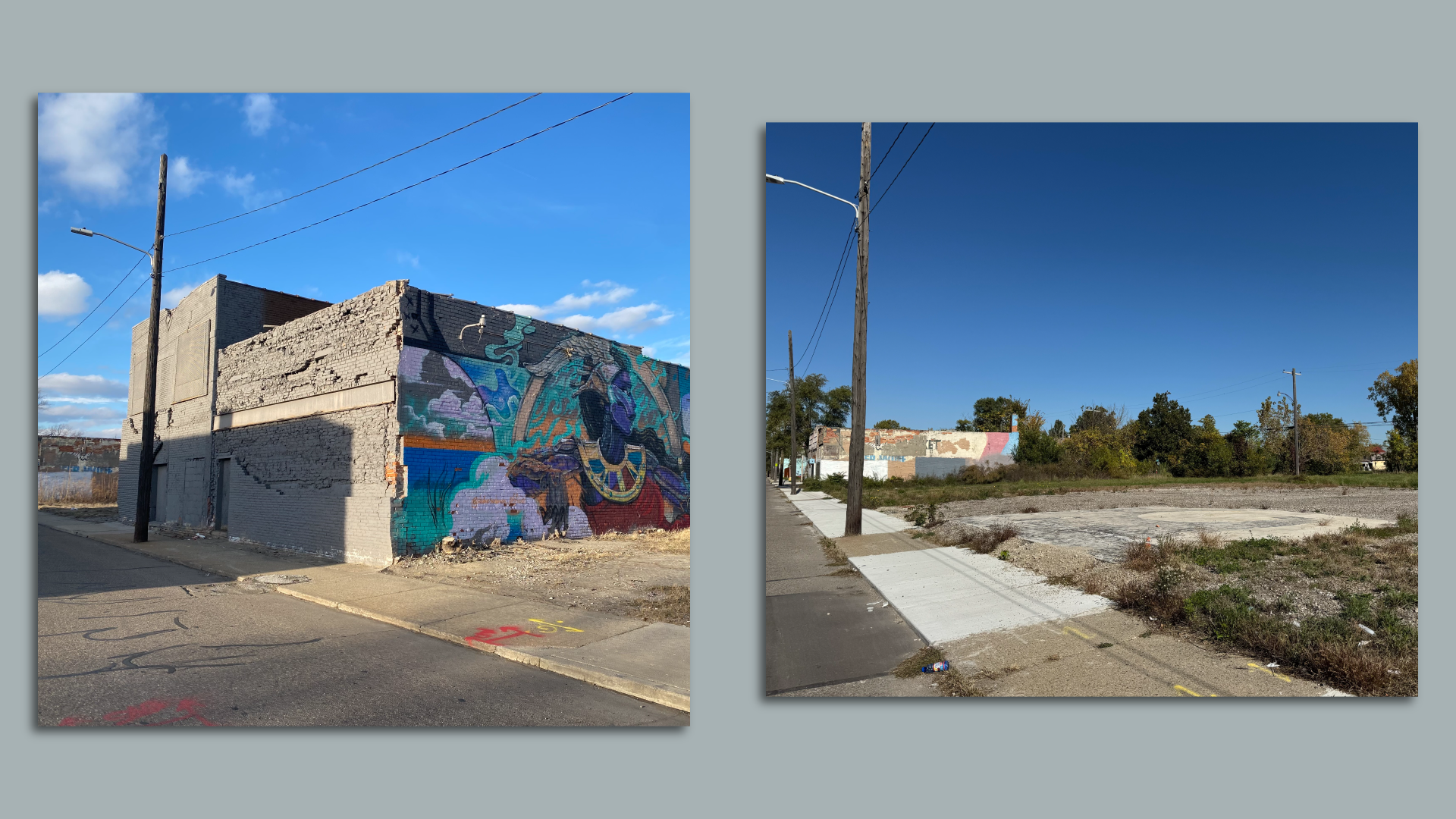 A boarded up grey building on the left, and the vacant site post-demolition on the right.
