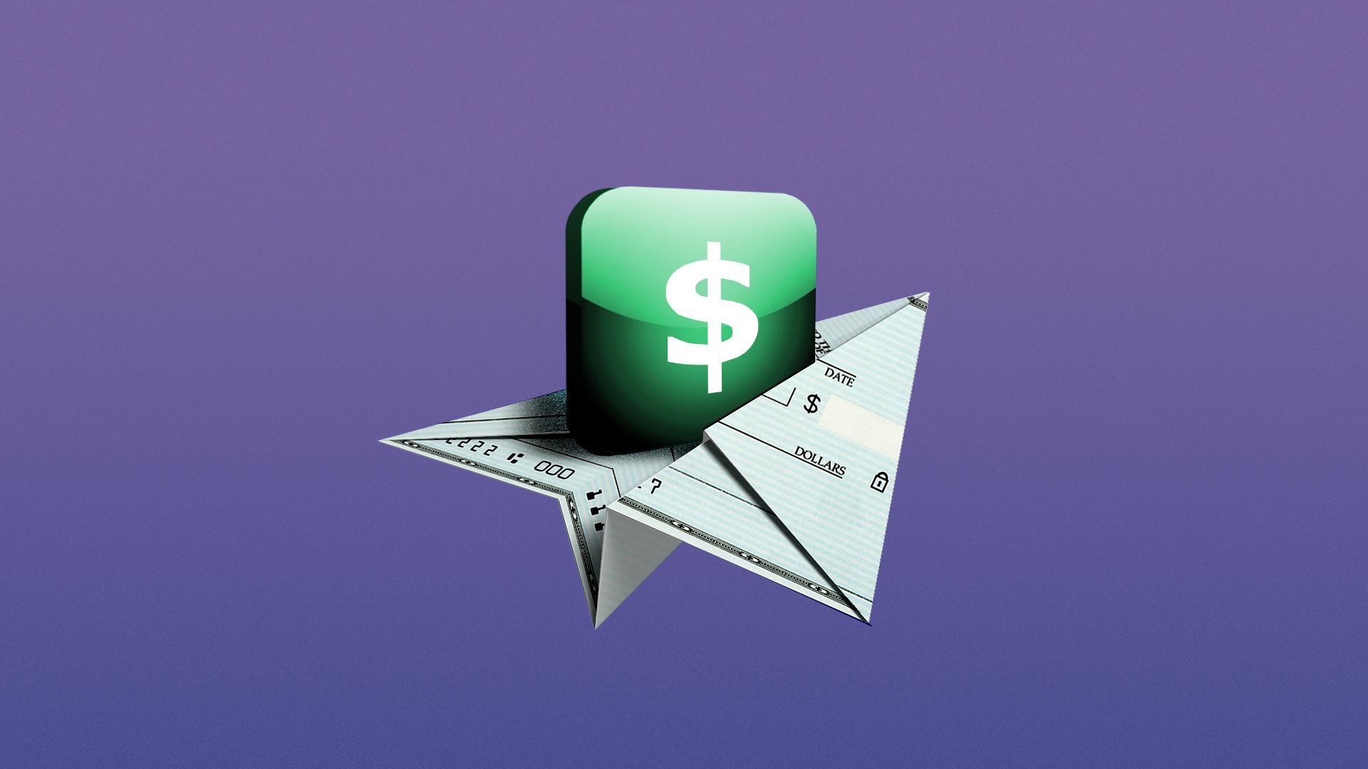 Illustration of a check folded into a paper airplane carrying an app button.