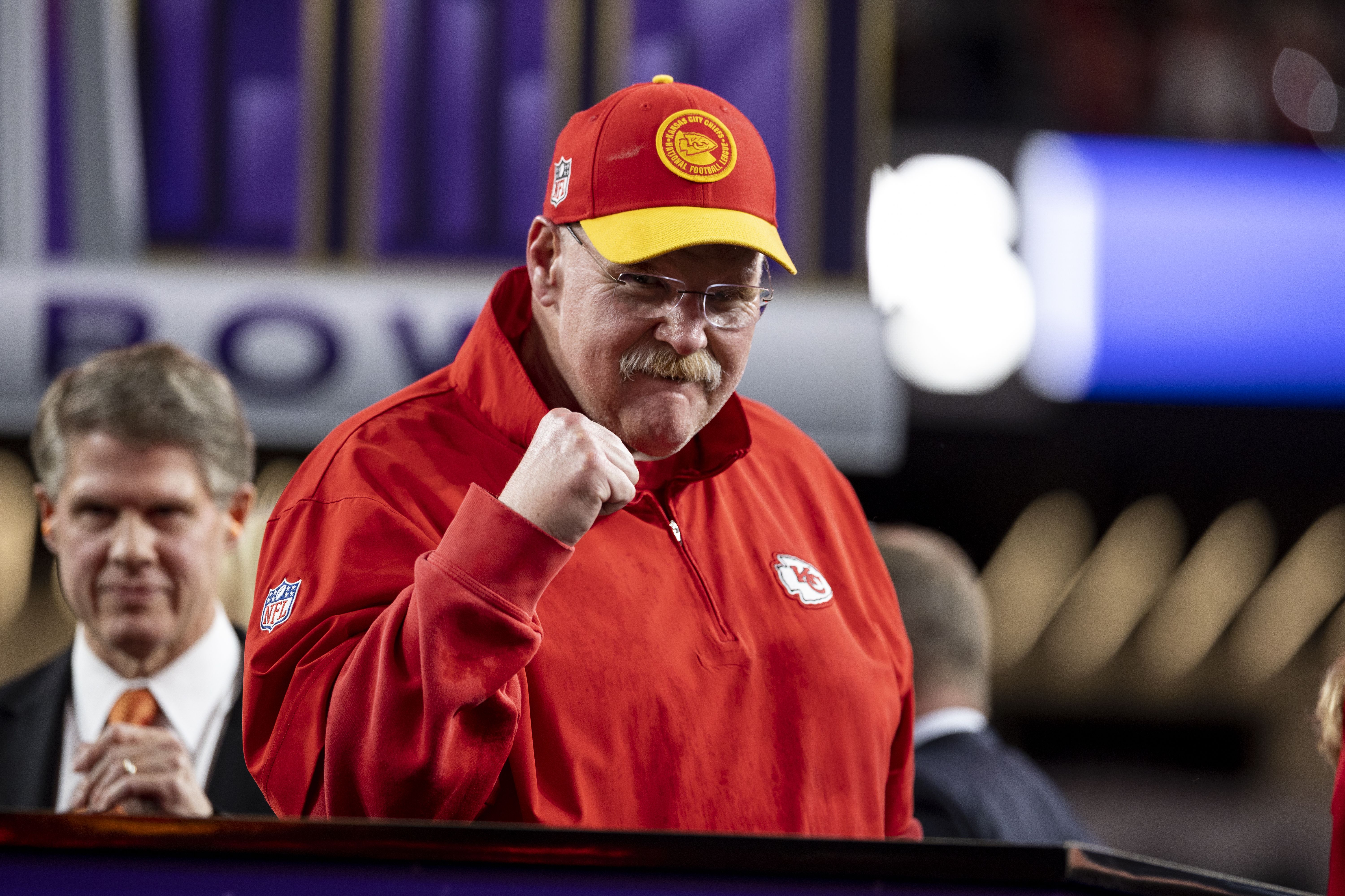 Head coach Andy Reid of the Kansas City Chiefs celebrates during the Trophy ceremony following the NFL Super Bowl 58 football game between the San Francisco 49ers and the Kansas City Chiefs at Allegiant Stadium on February 11, 2024 in Las Vegas, Nevada.