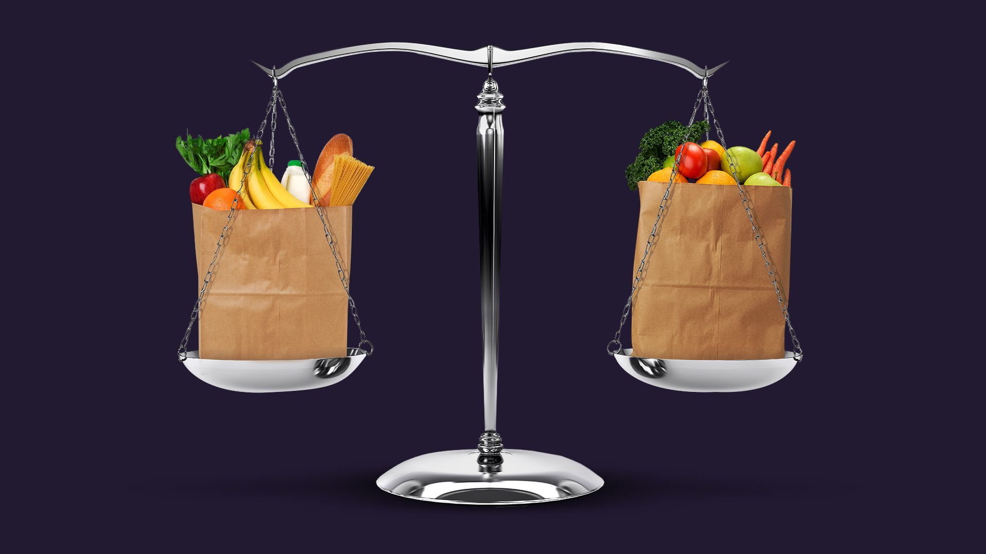 Illustration of scales balancing a bag of groceries on each side