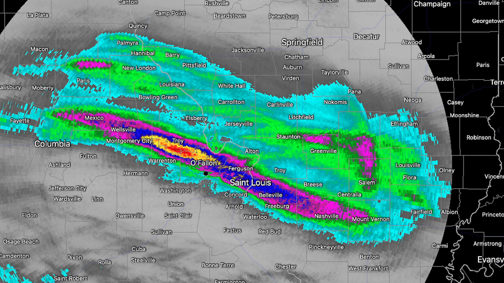 radar image of storm over the St. Louis metroplex. The storm dumped 8 inches of rain in a matter of hours. 