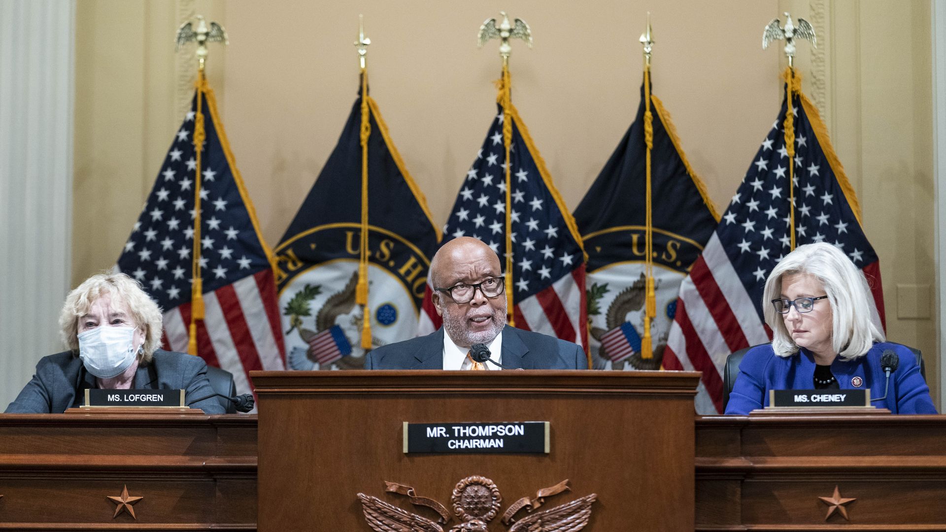 Rep. Zoe Lofgren is seen sitting with colleagues during a meeting of the Jan. 6 Select Committee.