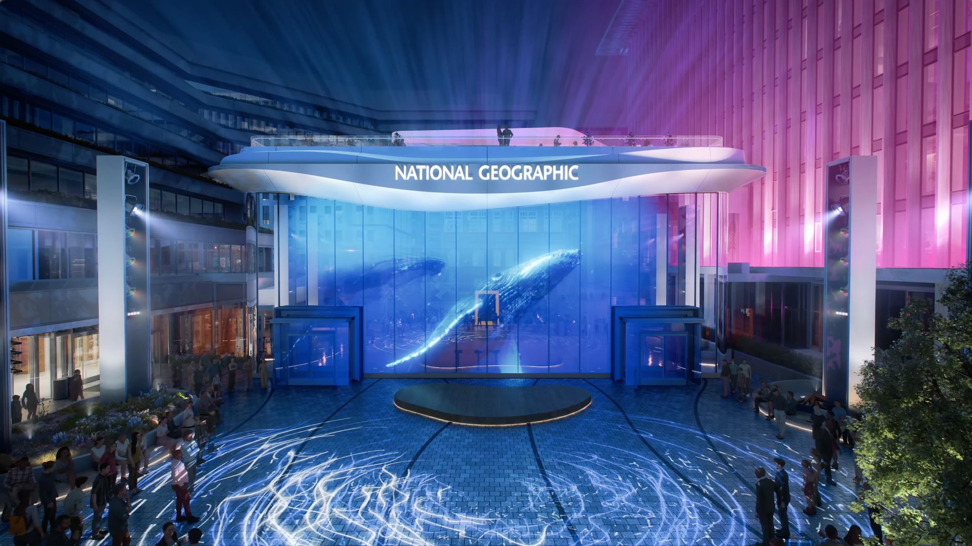 Nighttime plaza with a glass National Geographic exhibit. A blue-lit tank shows whales inside; a curved white canopy bears the brand name. Blue and pink lighting, a circular stage, and a crowd around.