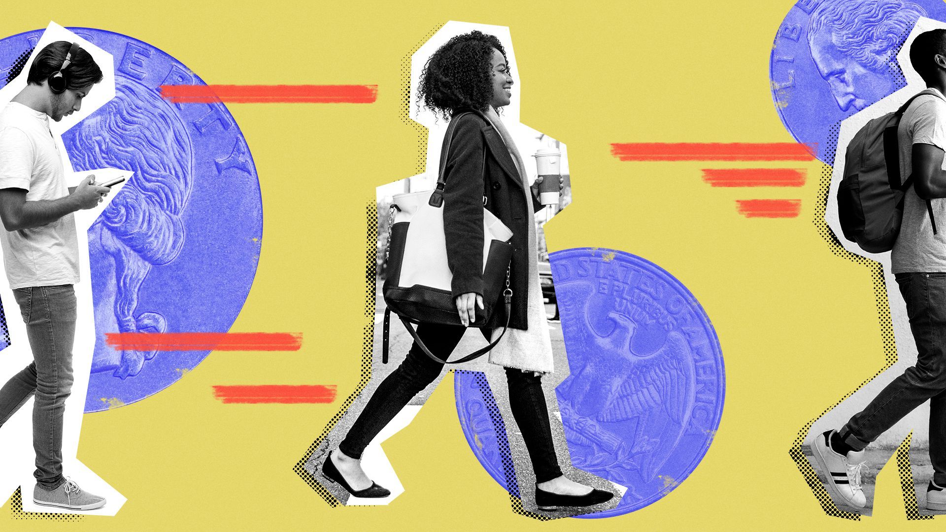 Illustration of three college students walking across the screen with quarters in the background