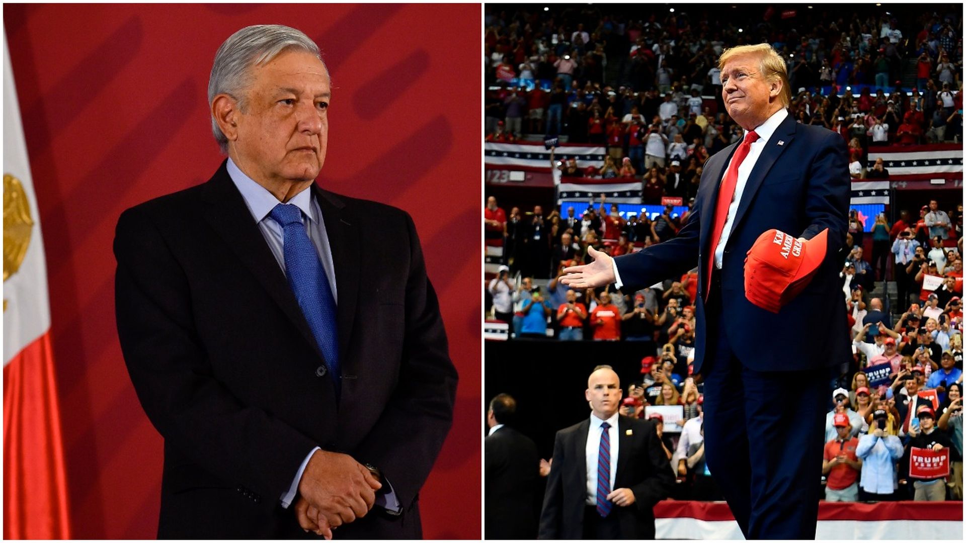 This image is a split screen of Mexico's president and Donald Trump