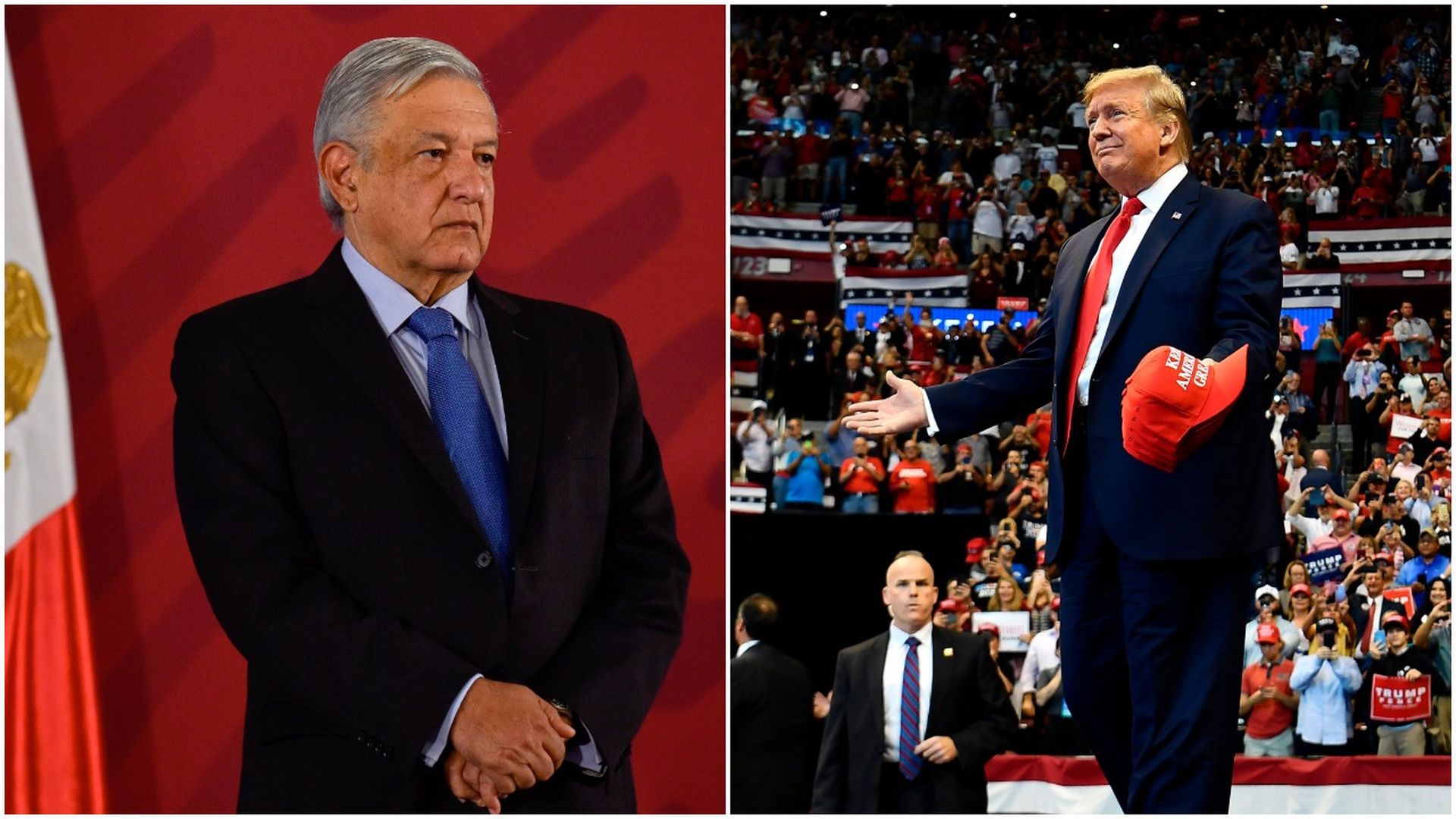 This image is a split screen of Mexico's president and Donald Trump