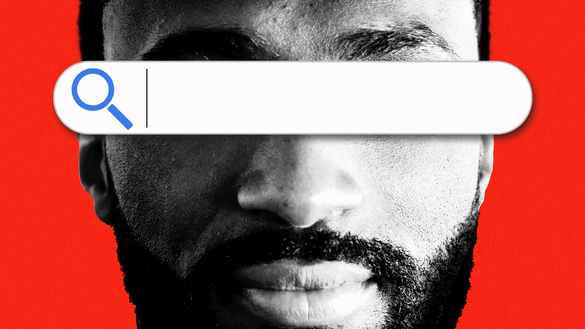 Animated gif of a search engine bar over a man's face