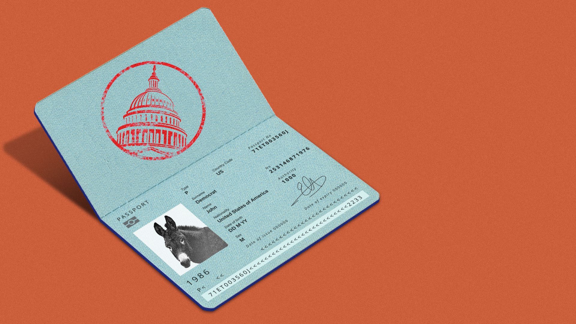 Illustration of a passport featuring a donkey's photo and a Capitol building stamp.