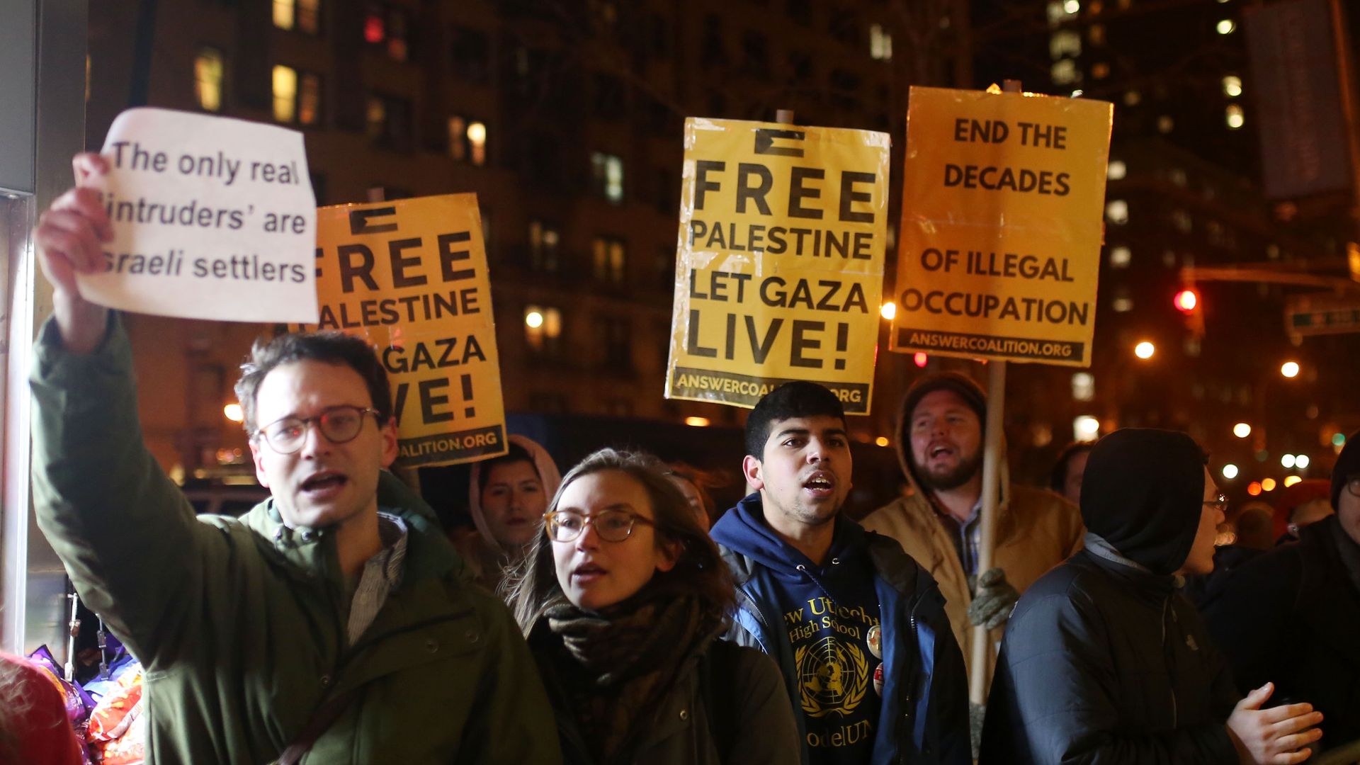 A group of students protest the visit of Danny Danon, Israel's Ambassador to the United Nations who was invited to give a lecture at Columbia University in Manhattan