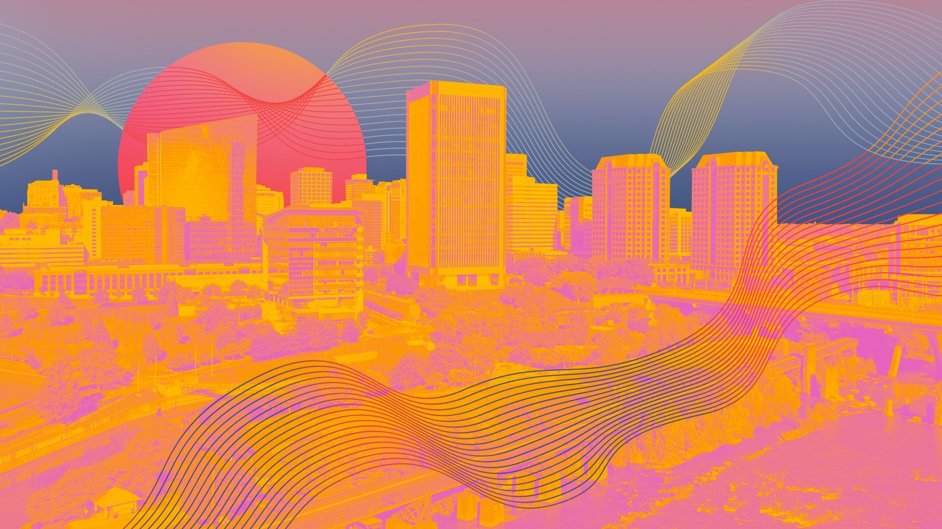 Illustration of a skyline view of Richmond, Virginia, with a sun-like orb in the background and digital wave-like lines