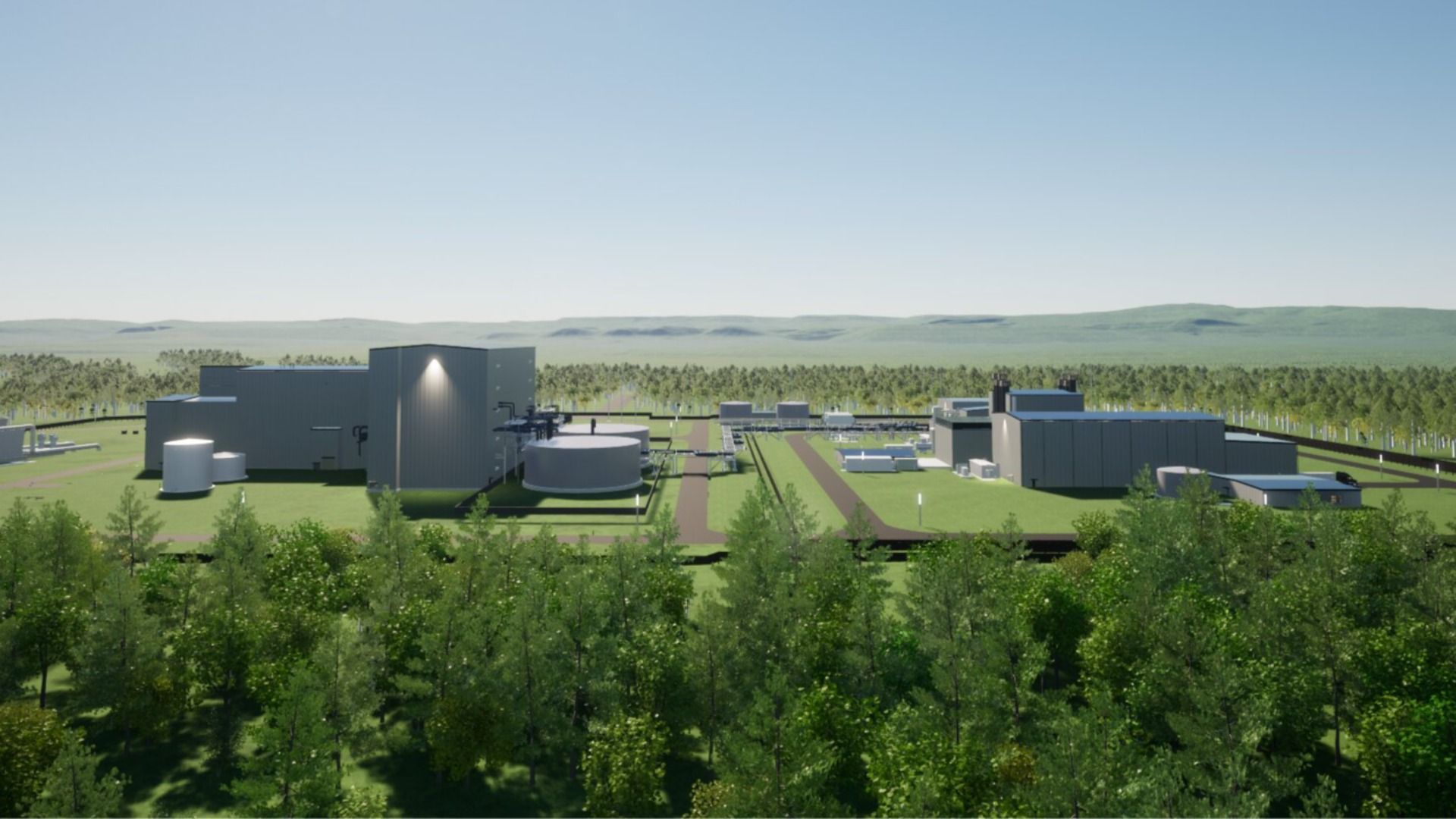 Rendering shows two gray buildings and some cylinders embedded in the ground, which depict what a TerraPower nuclear plant could look like.