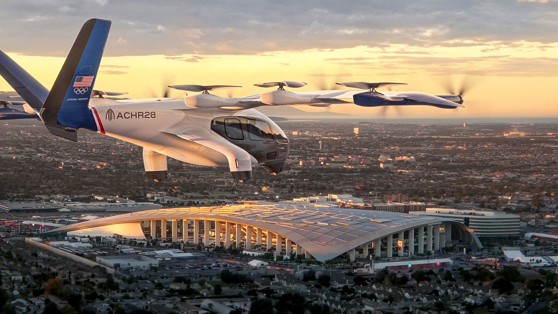 Computerized rendering of an Archer electric air taxi with an Olympic logo flying over SoFi Stadium in Los Angeles 